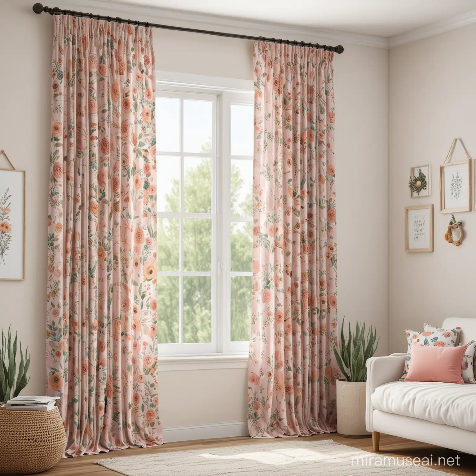realistic image of a boho style girls nursery full length window curtains for a mockup