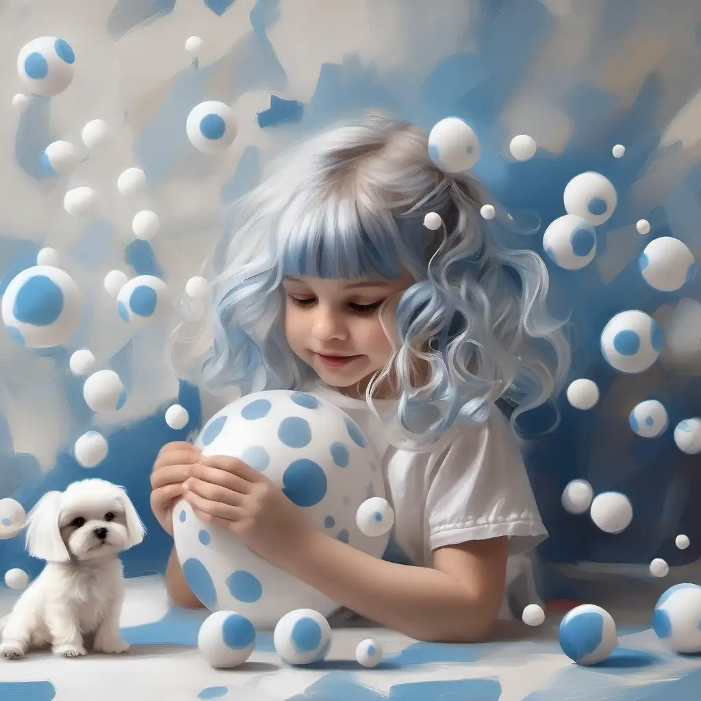 copy image 
abstract little girl with flowers in her white and blue CURLED UP hair , playing with a toy top orbs flying in the room maltese sitting next to the little girl

