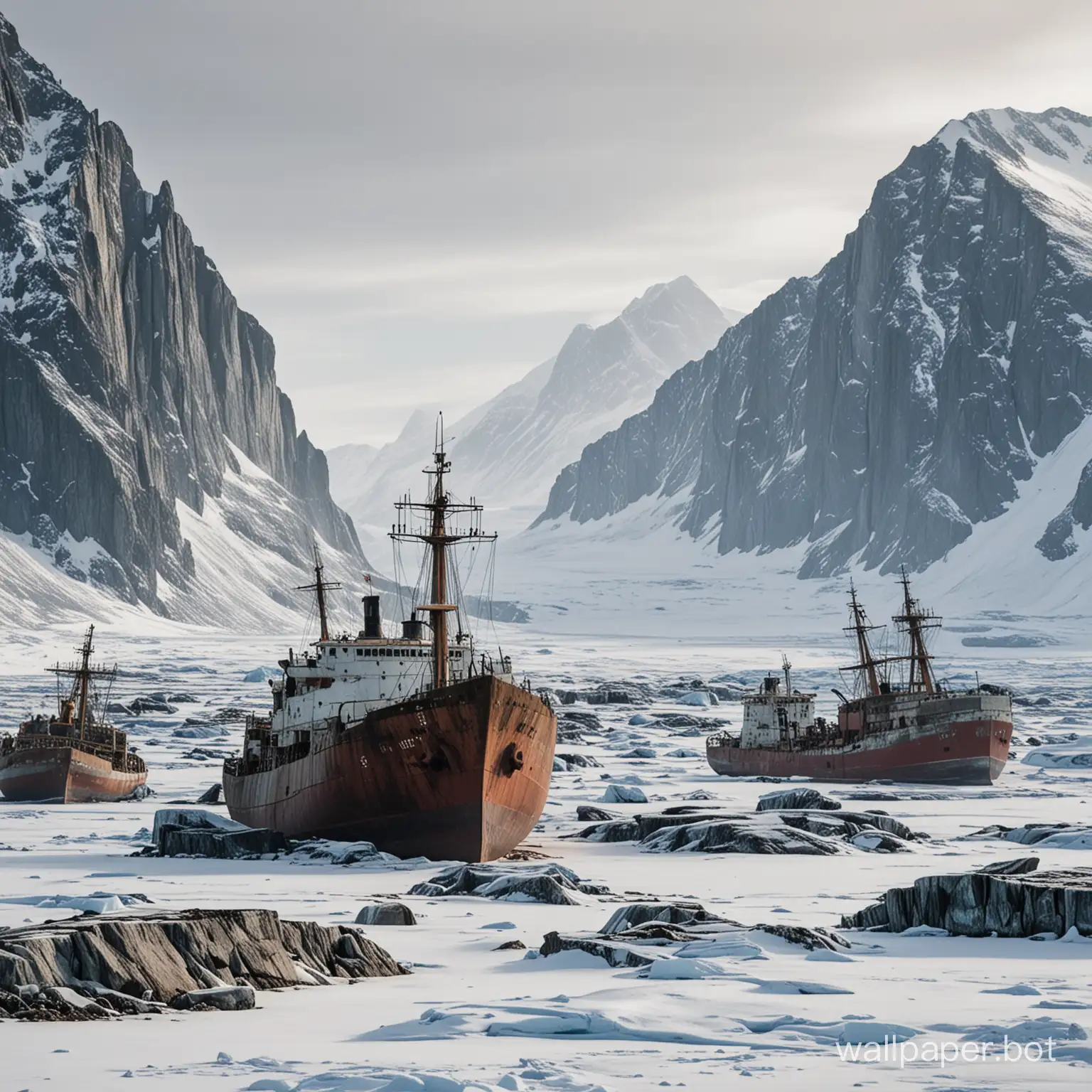 Arctic shipgraveyard with high mountains
