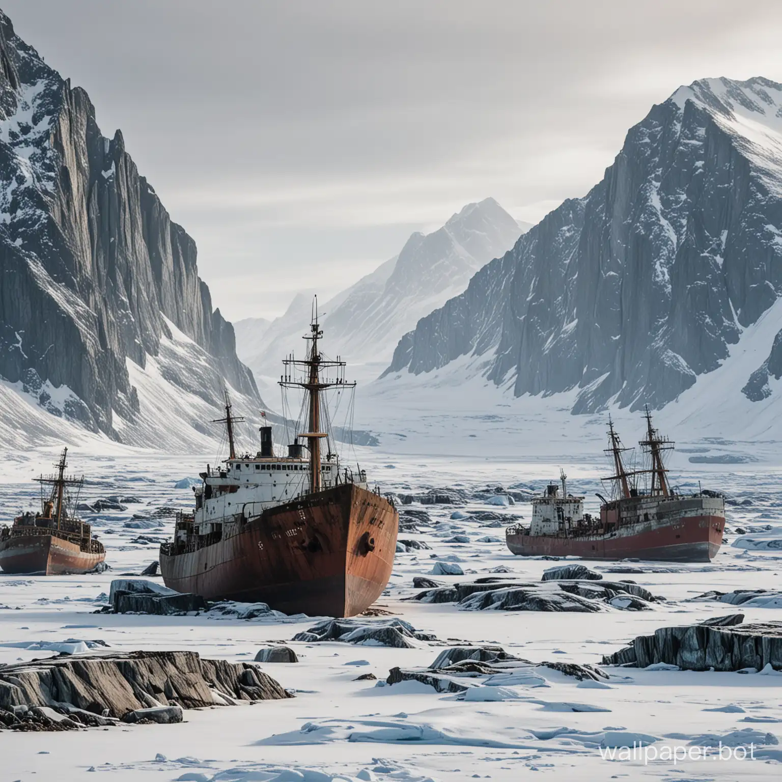 Arctic shipgraveyard with high mountains 
