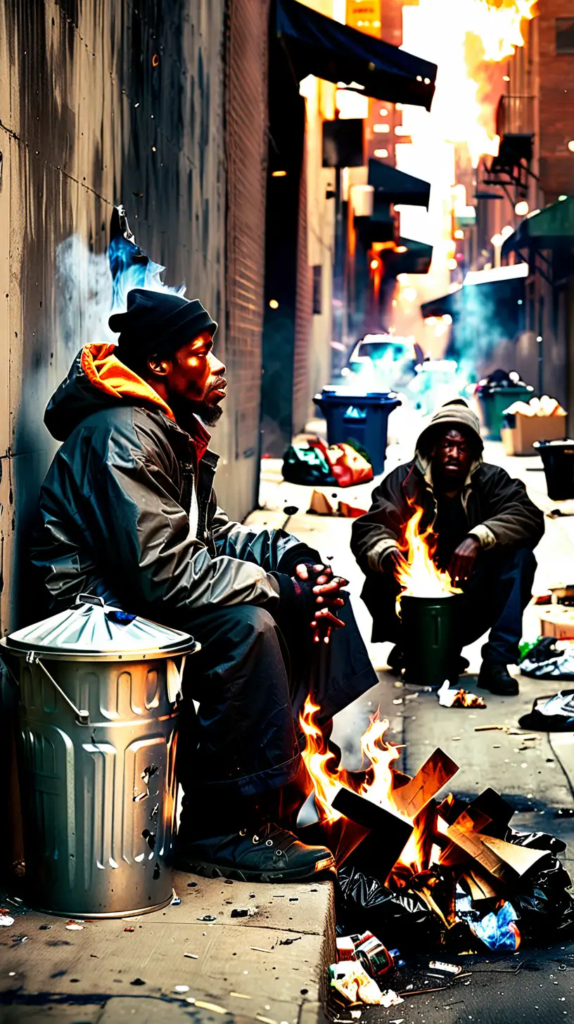 black homless people sitting in a city alley with a trash can fire to stay warm