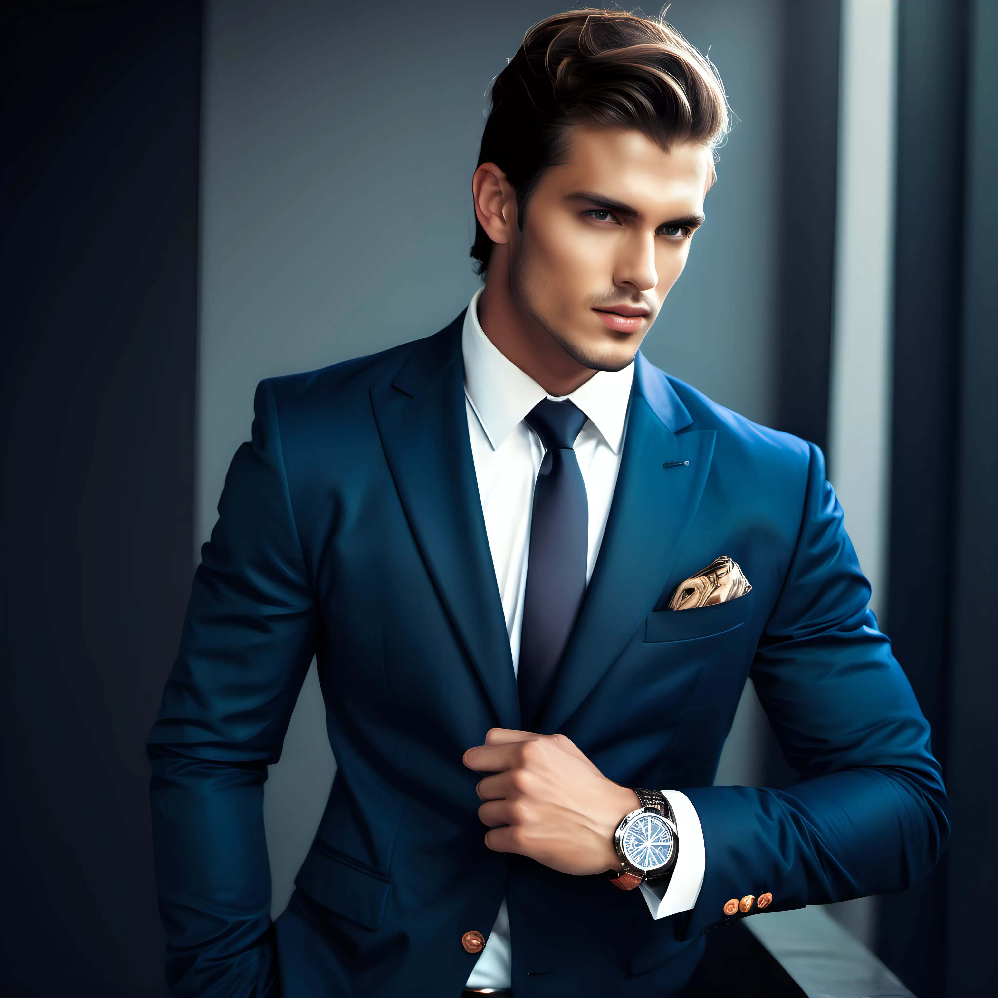 Elegant Business Attire Handsome Male Model Wearing a Stylish Suit and Watch