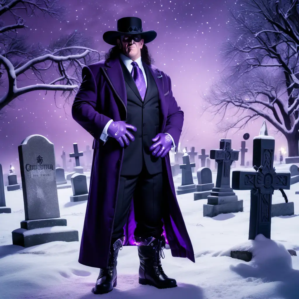 Mark Calaway as The Undertaker purple with grey accents on his tie, purple gloves, and purple boot covers in the cemetery in the snow at night with christmas lights

