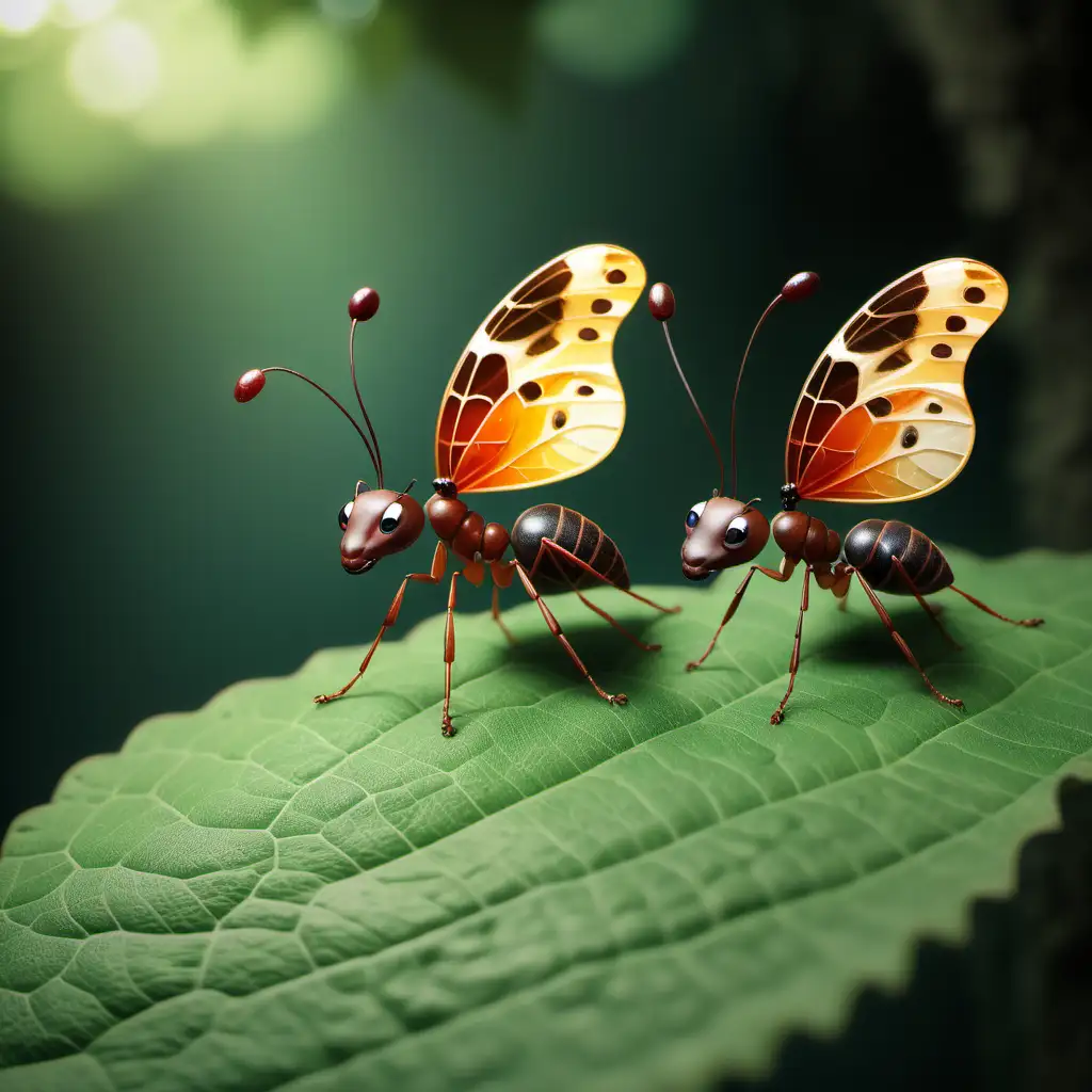  ants with butterfly wings, in the woods, standing on a leaf.
