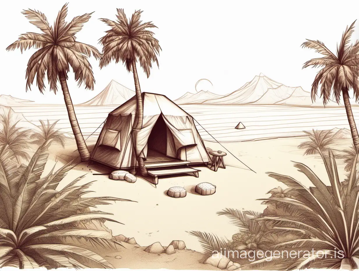 dessin île dessert avec 1 cabane, 1 tente, des buisson et 2 palmier