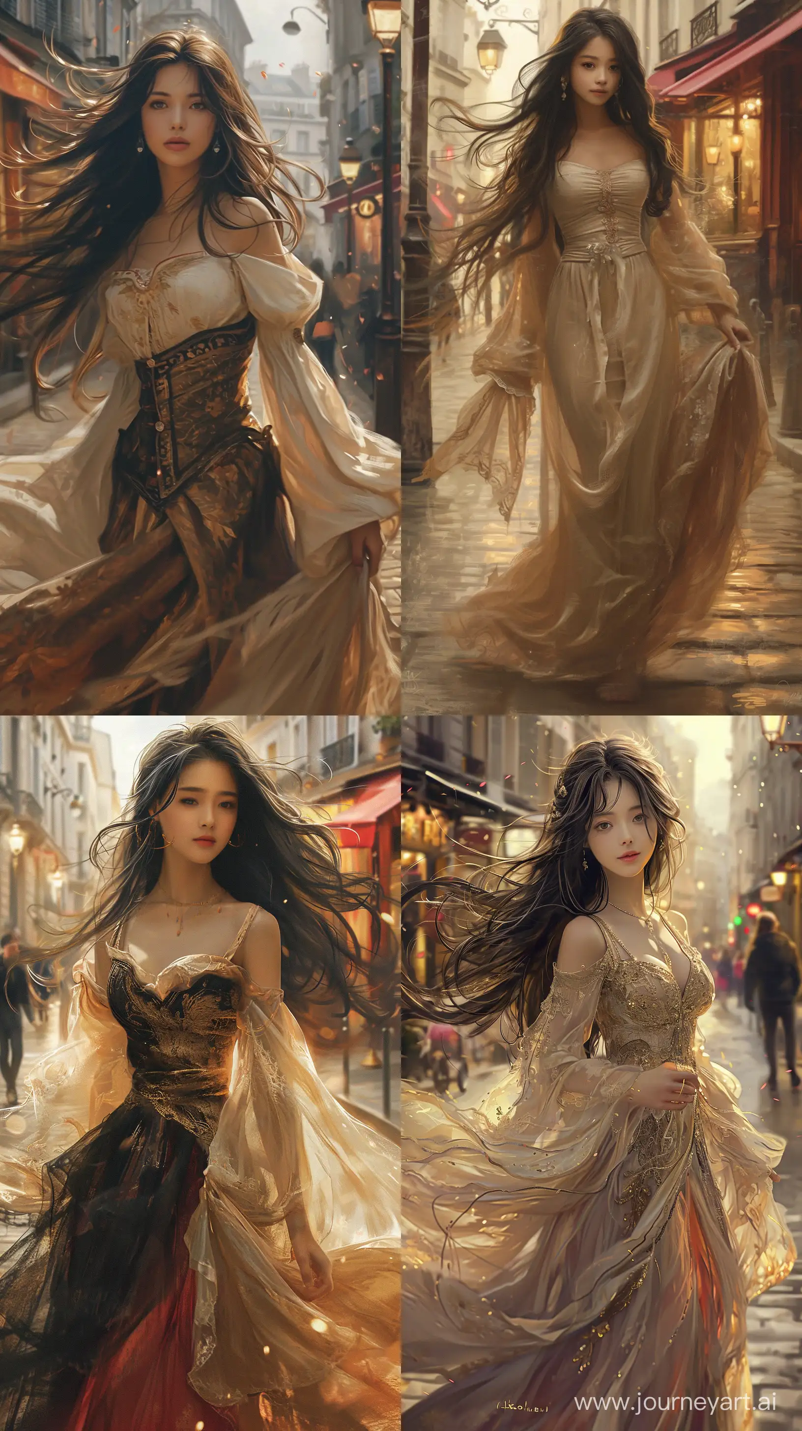 An elegant Eastern beauty with long flowing hair, clad in a sensual French gown, casually strolls down Parisian streets. Capture the romance of the scene in an oil painting style, with soft street lighting accents in a warm color scheme. Focus closely for a full-body shot that reveals intricate details, --ar 9:16