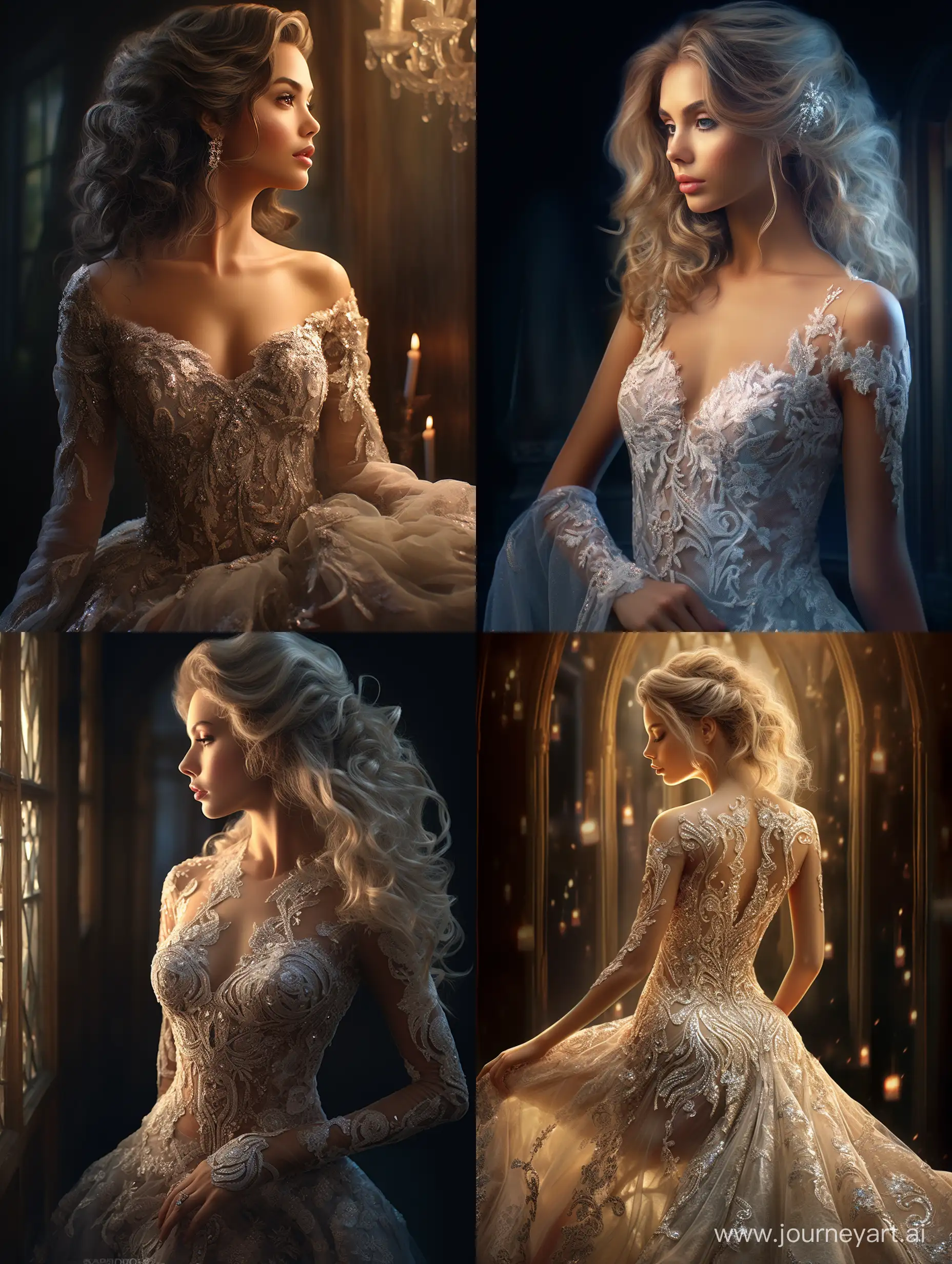 A mesmerizing photorealistic digital art portrait of a woman, illuminated by the soft glow of back lighting. The woman is adorned in a stunning gown, reminiscent of a Disney princess, with intricate lace and silk details. Her beauty is enhanced by the elegant Swarovski jewelry she wears, which sparkles delicately in the light. The artwork exudes a sense of enchantment and fantasy, with vibrant colors and meticulous attention to detail. This portrait captures the essence of beauty, grace, and elegance, in a style that is both photorealistic and reminiscent of the magic of Disney. Canon EF 50mm f/1.2L USM lens, ISO 100, f/2.8, 1/125s