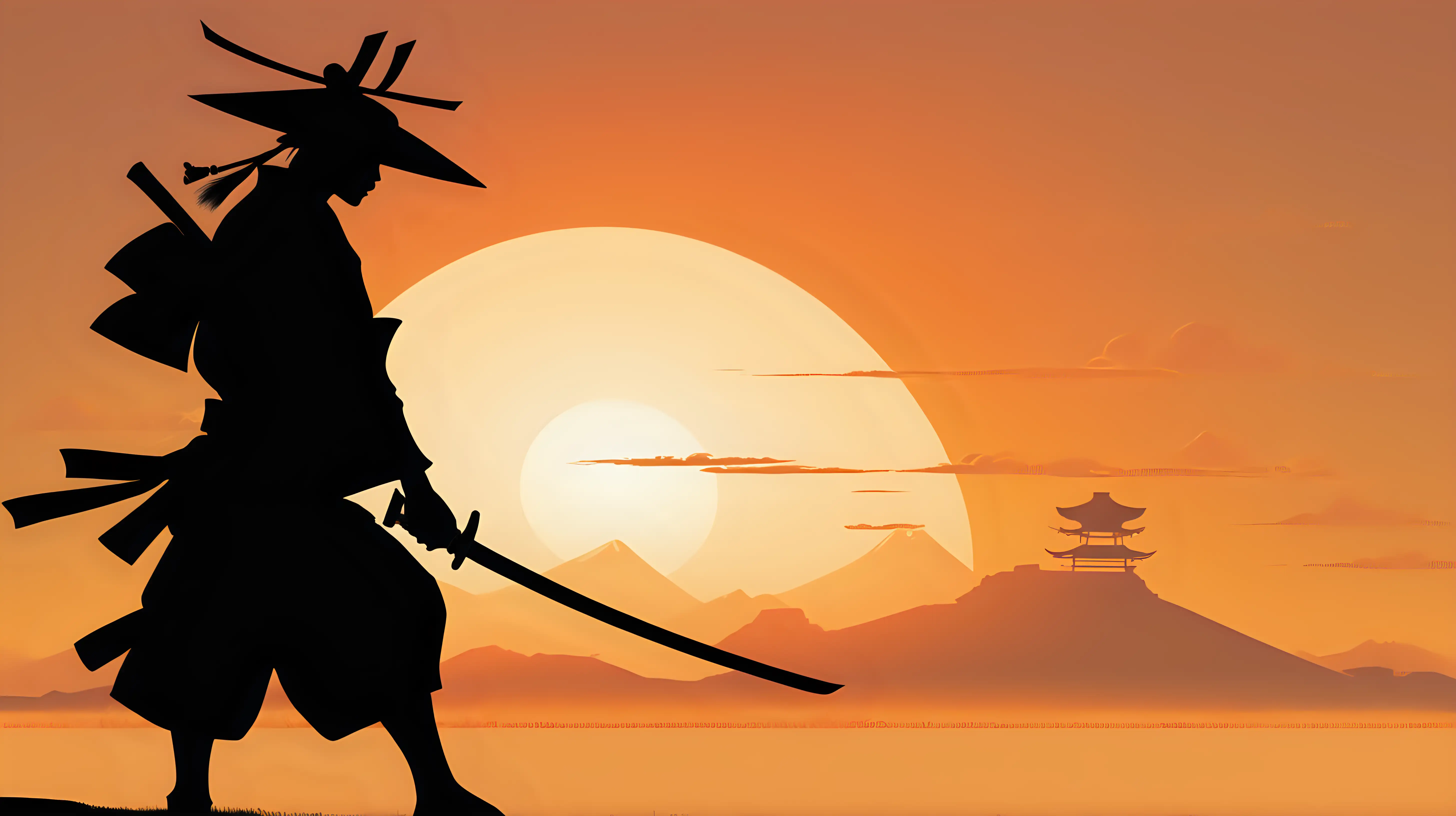 Silhouette of Samurai Warrior in Stride Against Rising Sun