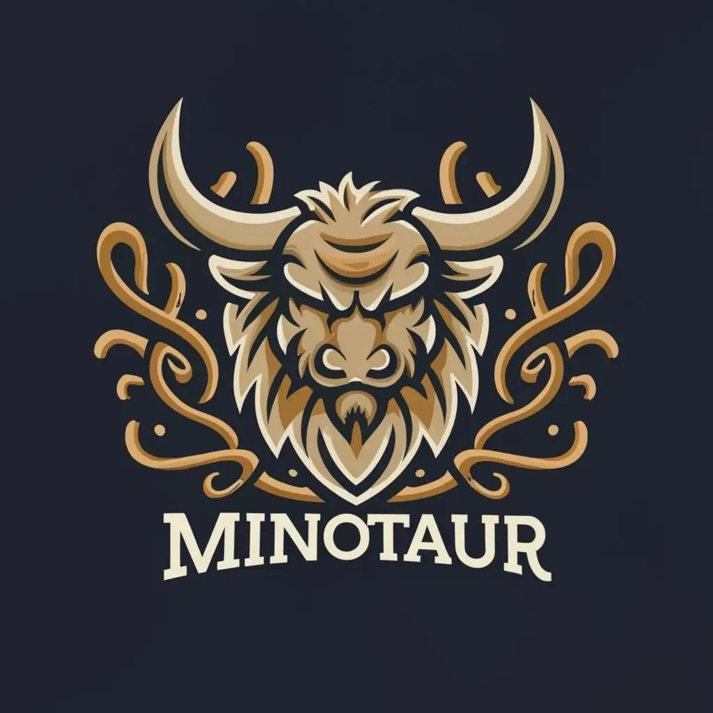 logo, bull with beard made of roots, with the text "minotaur", typography, be used in Entertainment industry