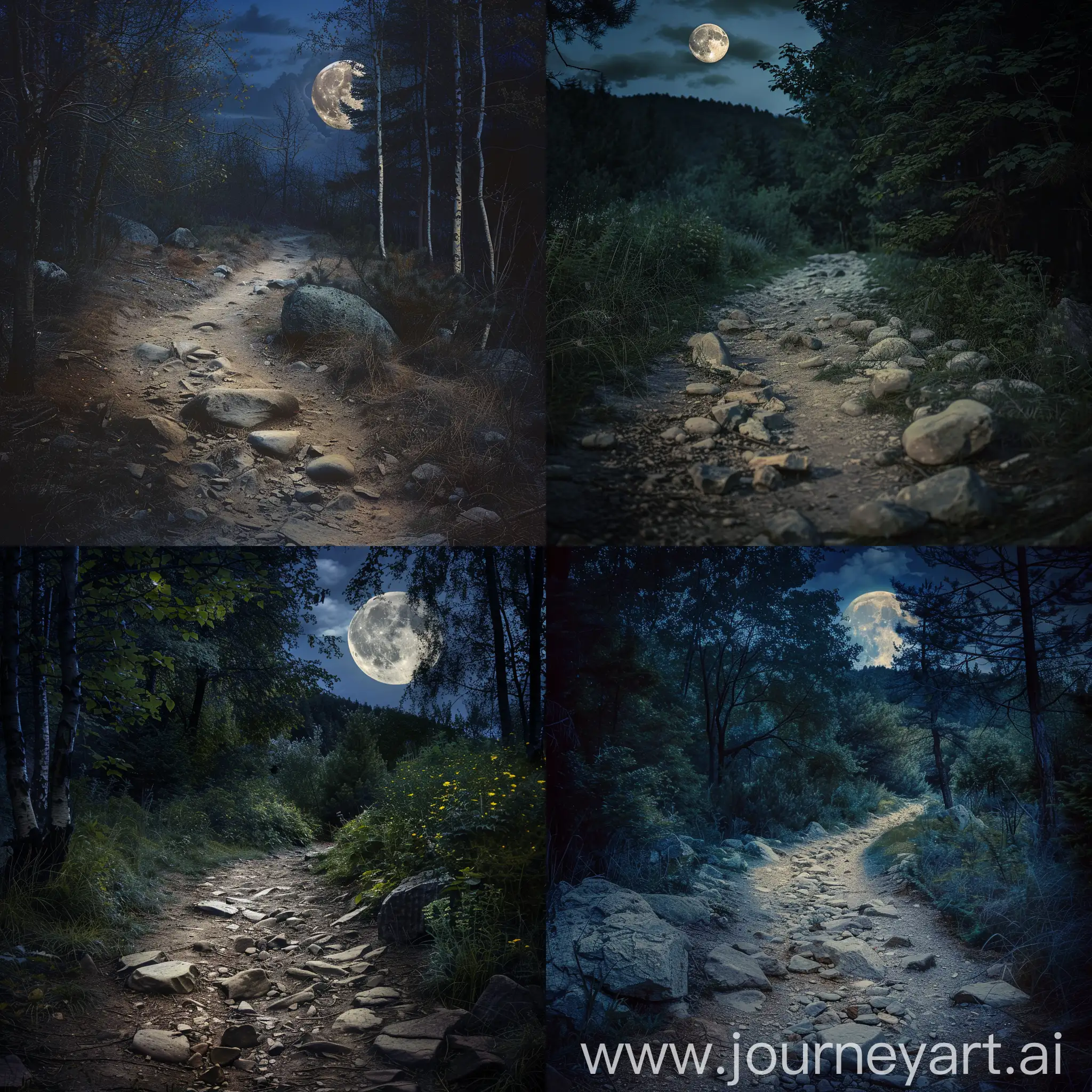 an impassable dirt path filled with stones. in a forest at night. full moon visible