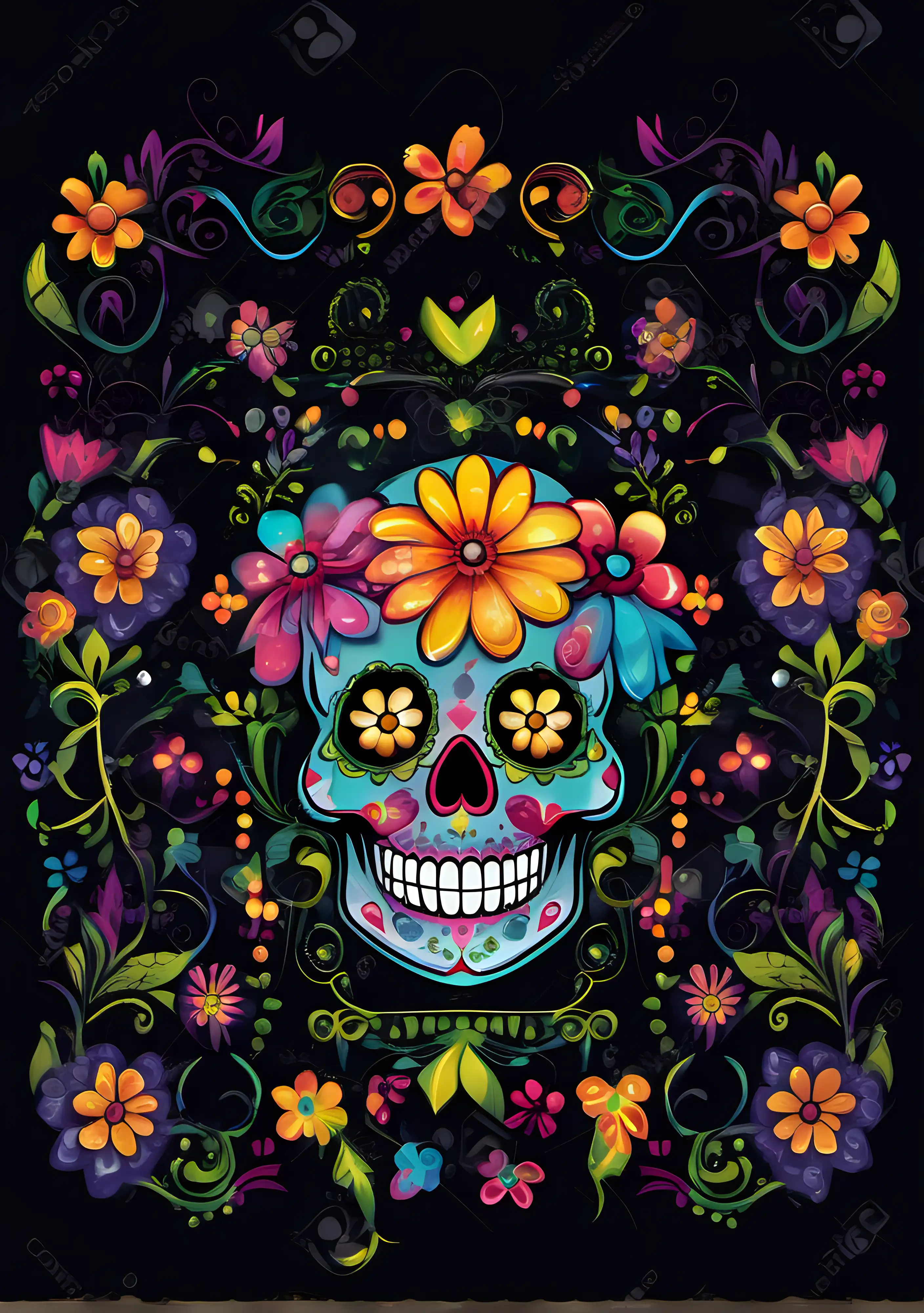 Vibrant and Cheerful Sugar Skull Art with Floral Border