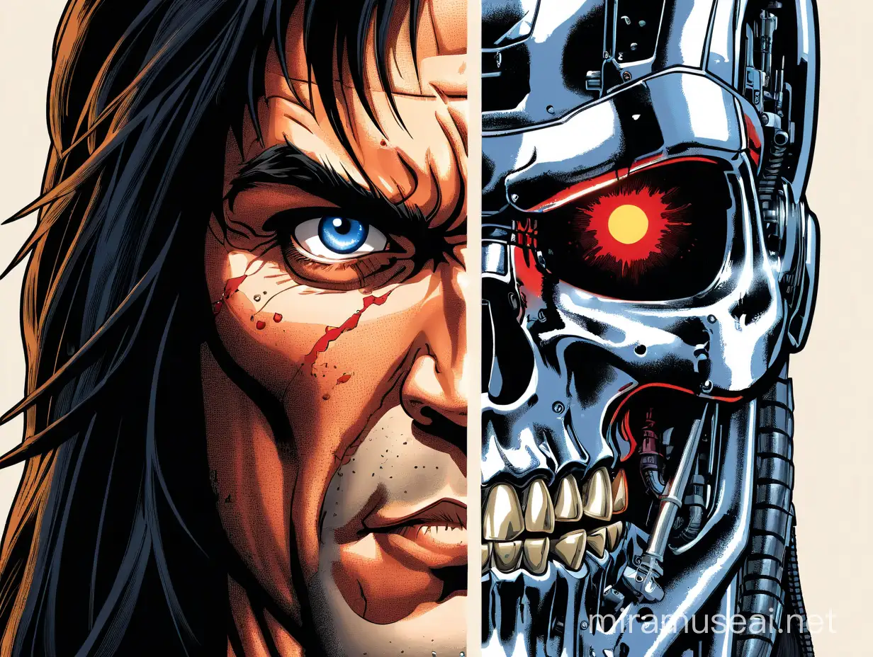  Create an image of a character with two halves; the left side of a headshot, featuring a face with a very angry expression, with very dark blue eye,  with very long black hair, clean shaved, of Conan the Barbarian. The right side of a Terminator skull from Terminator 2. The Terminator side should have short black hair, a glowing deep red eye, a metallic texture with visible damage. All rendered in a comic style. Ensure seamless integration of the two faces for a cohesive final result.