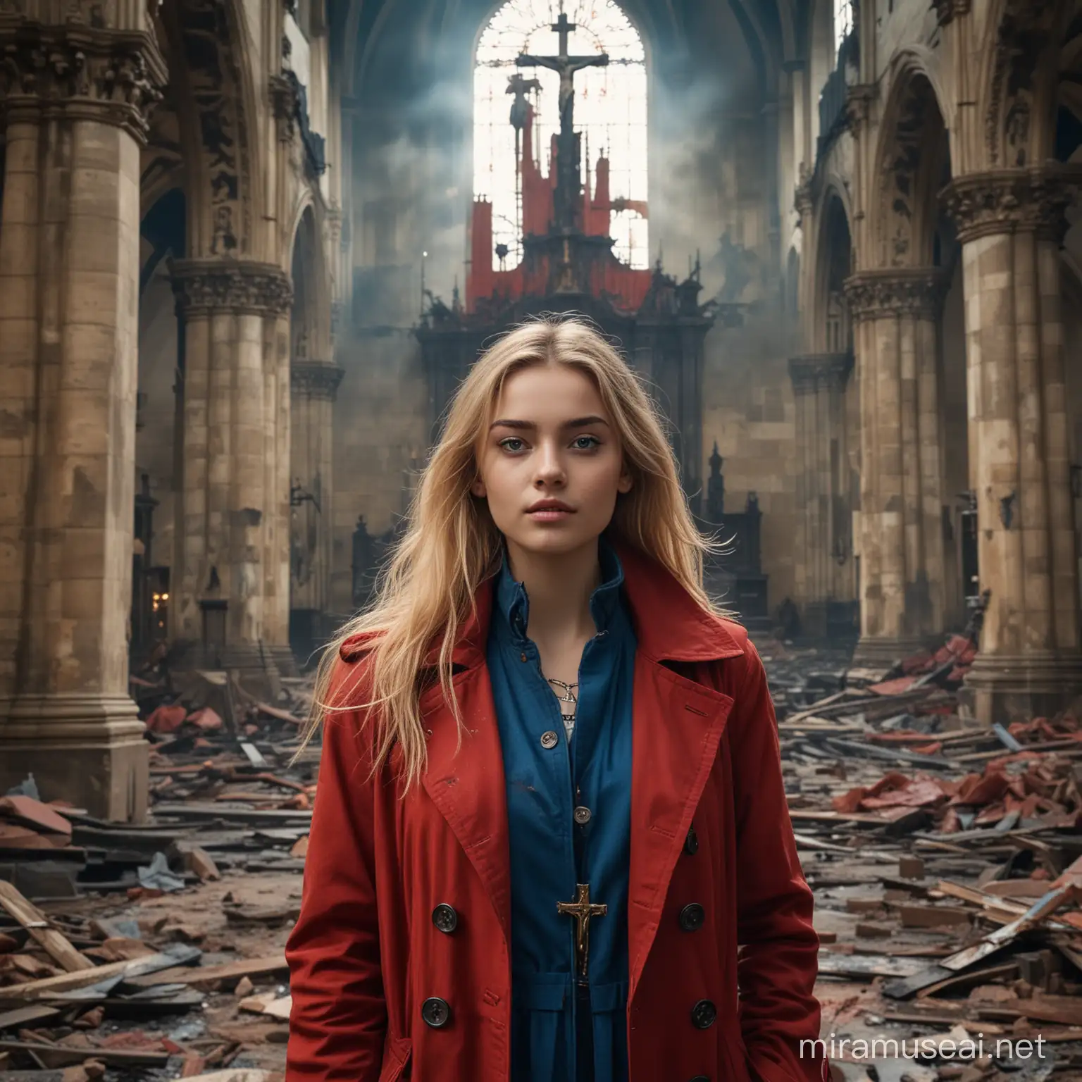 Mysterious Teenage Goddess in Fiery Church Ruins with Peacock and Crucifix