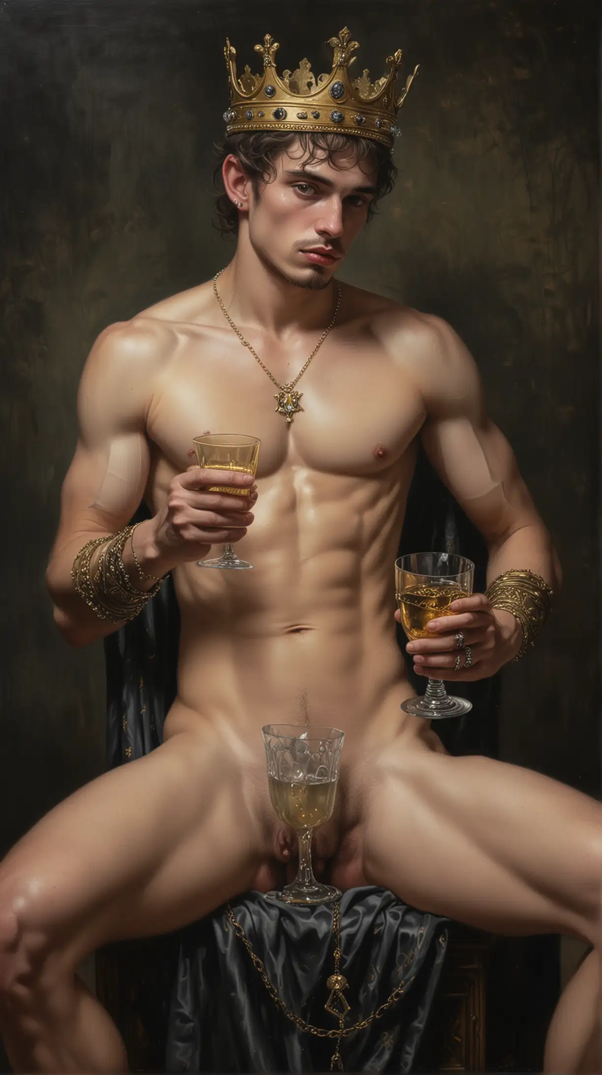A realistic painting of a naked young king with a golden crown with diamonds and with eyes sewn with thread. Full body showing the naked king holding only a crystal cup of wine and in his lap he has gold. The background is dark with a gloomy tone, realistic oleo painting, creepy, dark fantasy, gothic art, victorian art with black dobbermans sitting next to him. --ar 3:4 --stylize 250