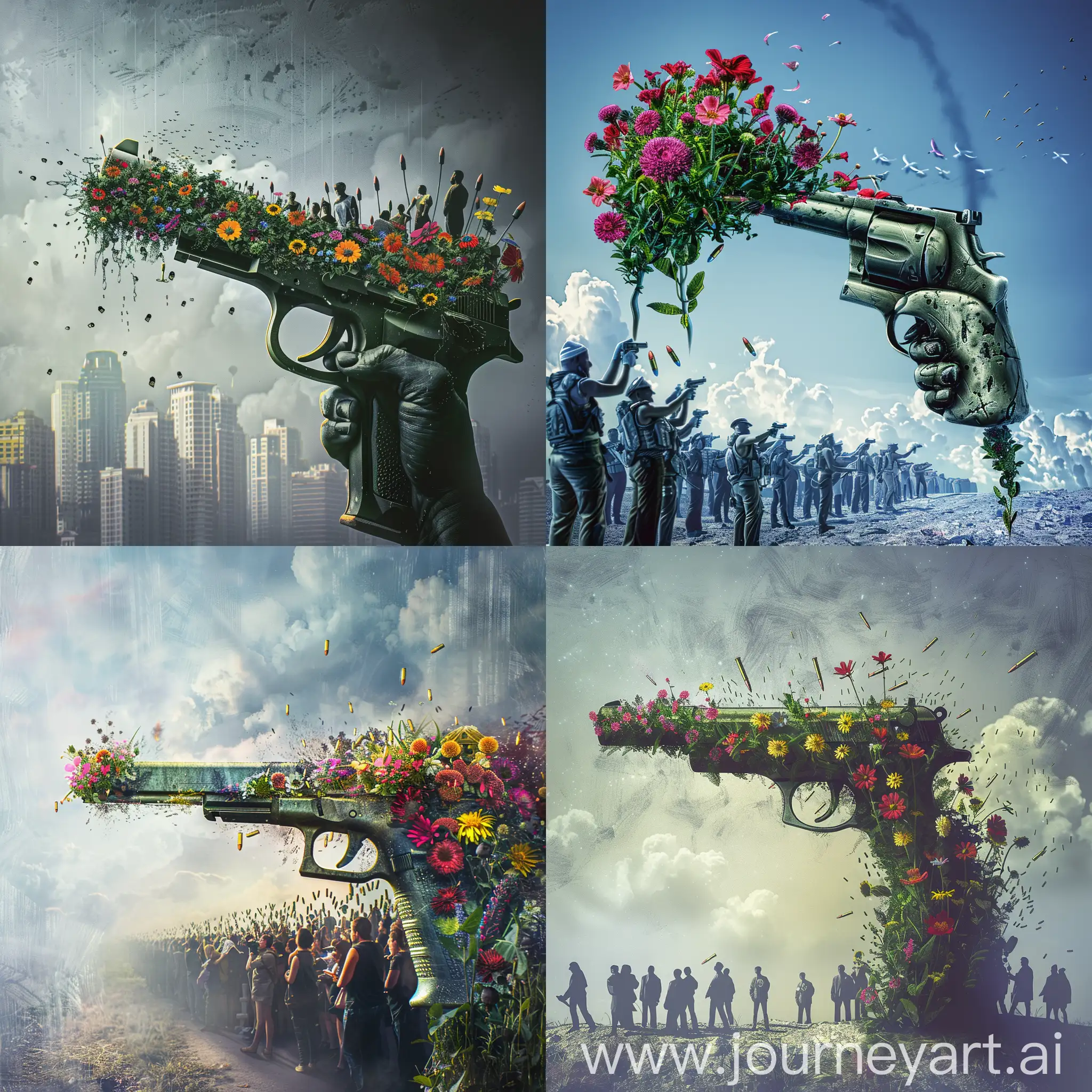 The image I have in mind for nft is a gun that is pointed at people, but instead of bullets, flowers have grown from it, which shows that a country wants security, freedom and peace for its people.Considering that my goal is to sell to political and social activists in the field of freedom and world peace, as well as campaigns related to human rights and individual and social freedoms in the field of world peace.
The type of image I want is concept art and portrait art