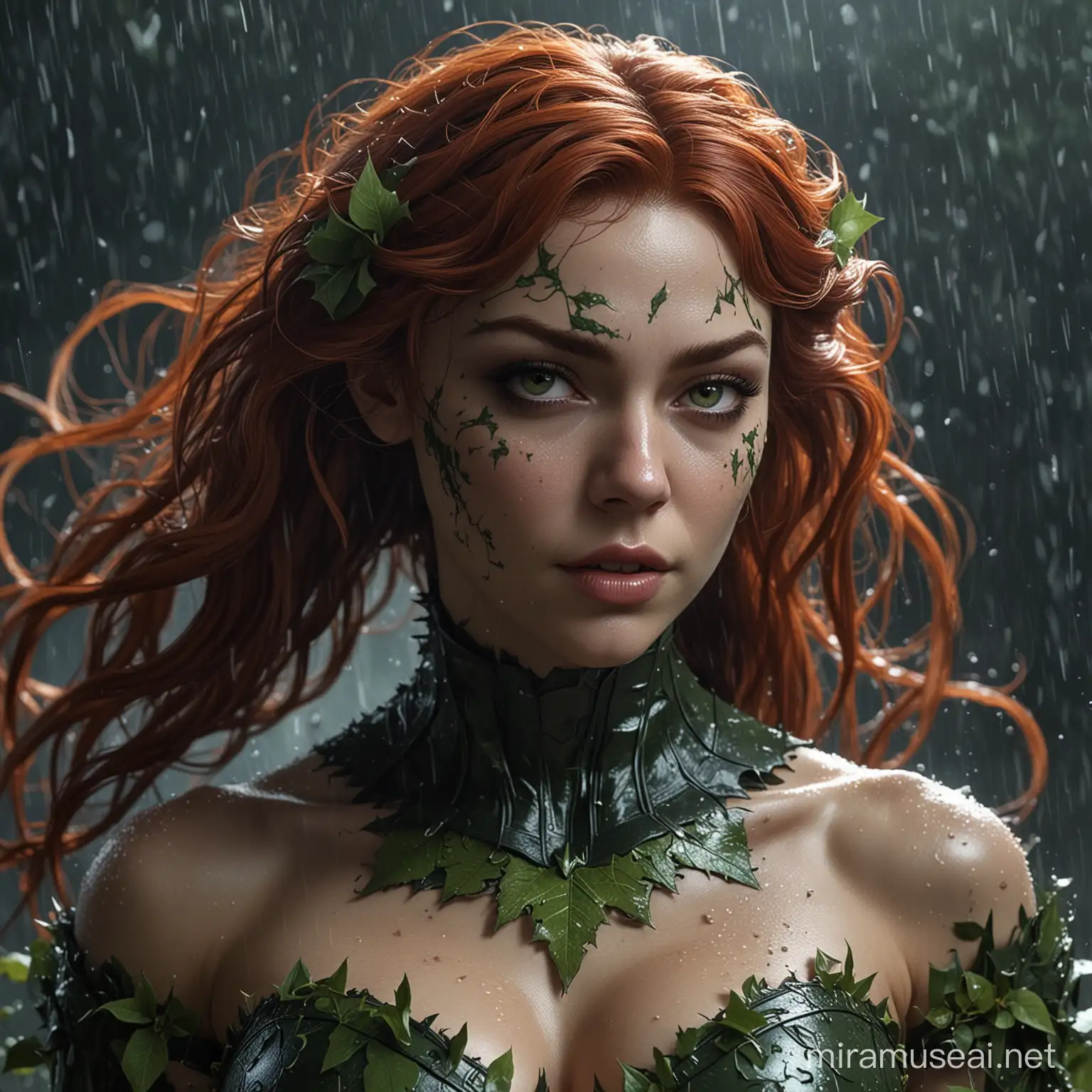 "Witness the ultimate of The Poison Ivy of The Batman, DnD, with intricate details on its face and body. The battle cry echoes through the stormy night, with thunder and rain adding to the intensity of this 4k resolution image."