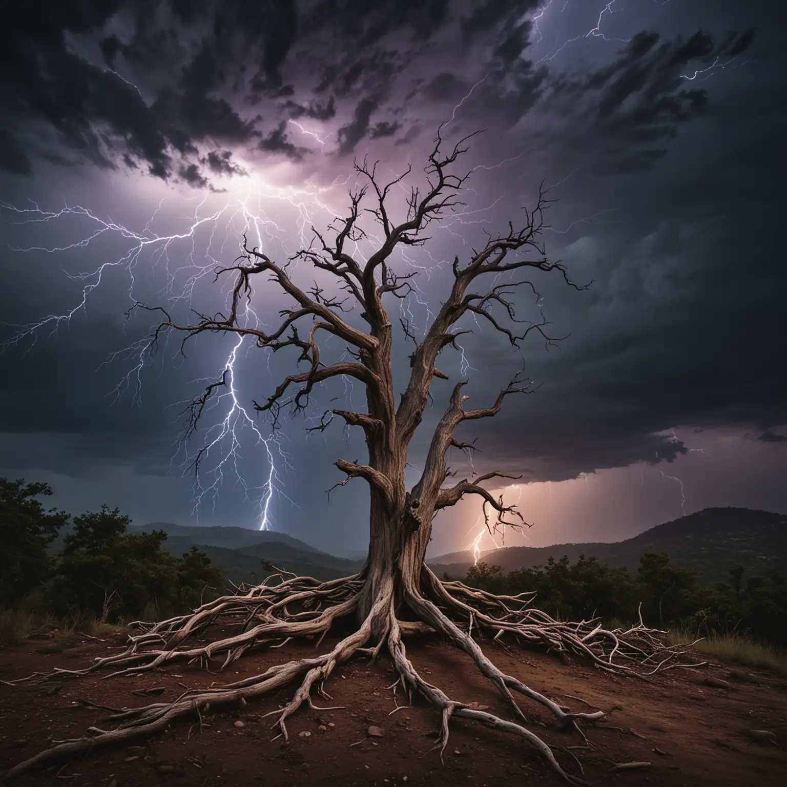 scary hill with dead tree on top with thunderstorm sky and lightning at night