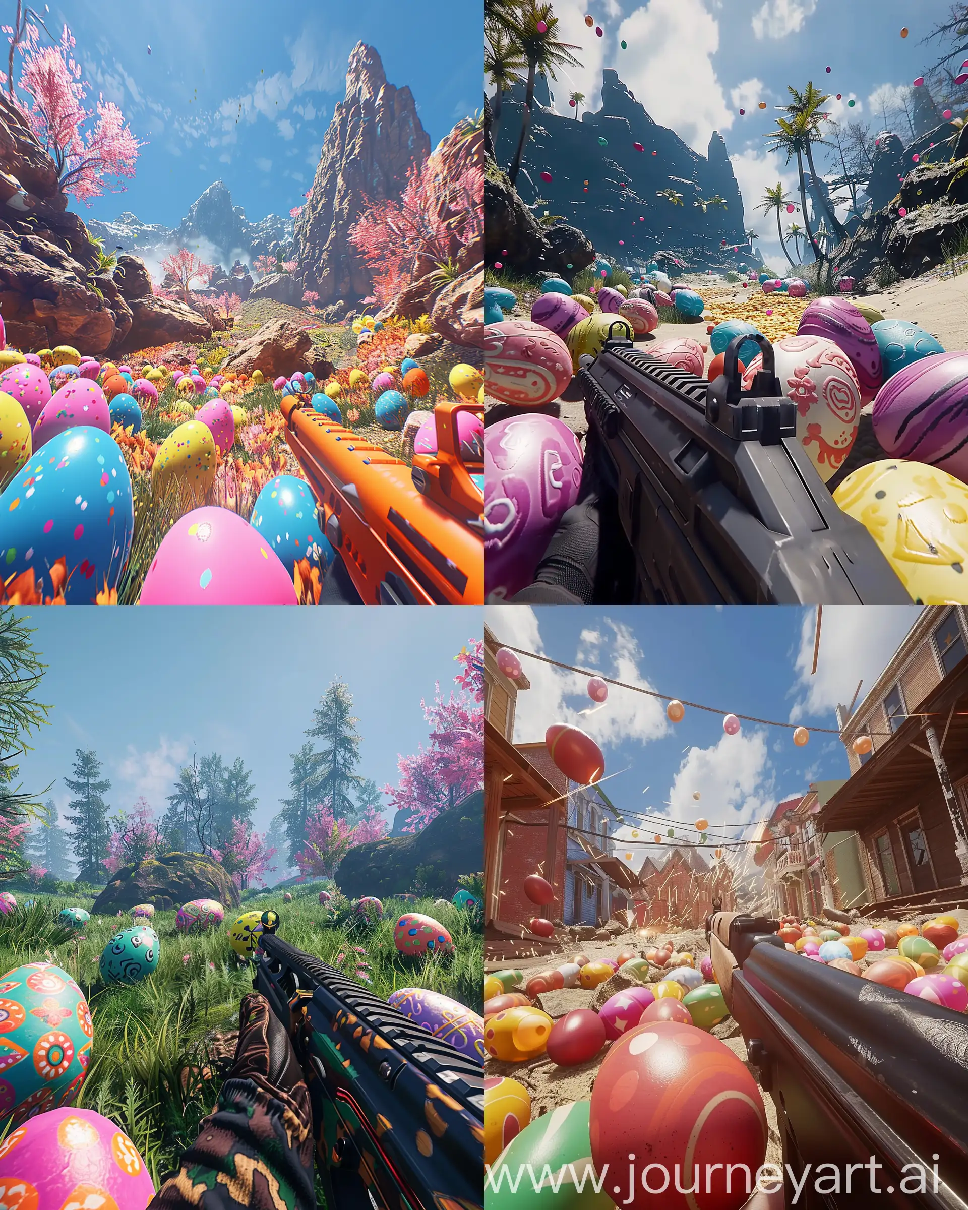 Easter egg hunt as a egoshooter game, POV gameplay screenshot --ar 4:5