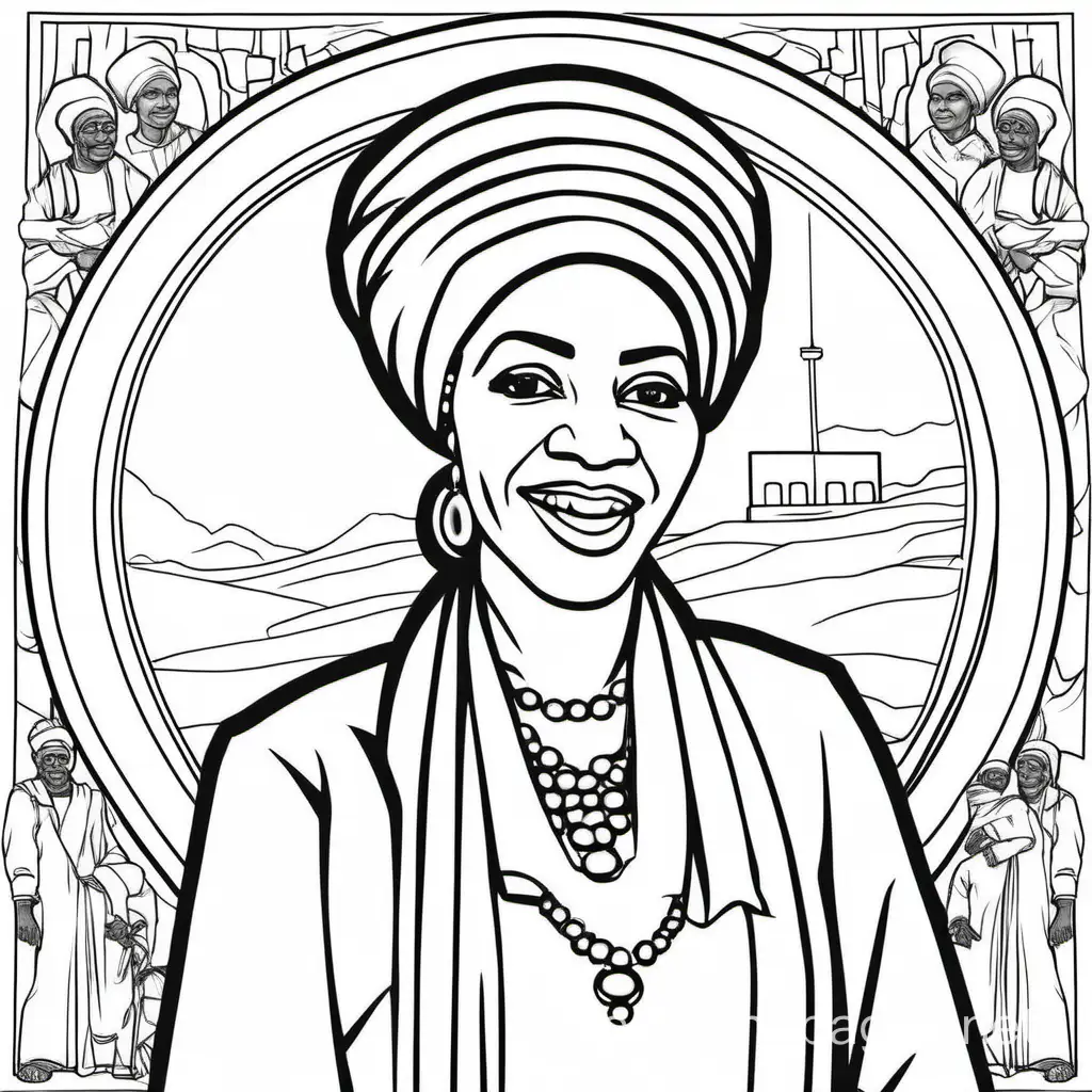 Mohammed's precedent - the first woman to become head of state in Africa.for coloring bookfor coloring book, Coloring Page, black and white, line art, white background, Simplicity, Ample White Space. The background of the coloring page is plain white to make it easy for young children to color within the lines. The outlines of all the subjects are easy to distinguish, making it simple for kids to color without too much difficulty