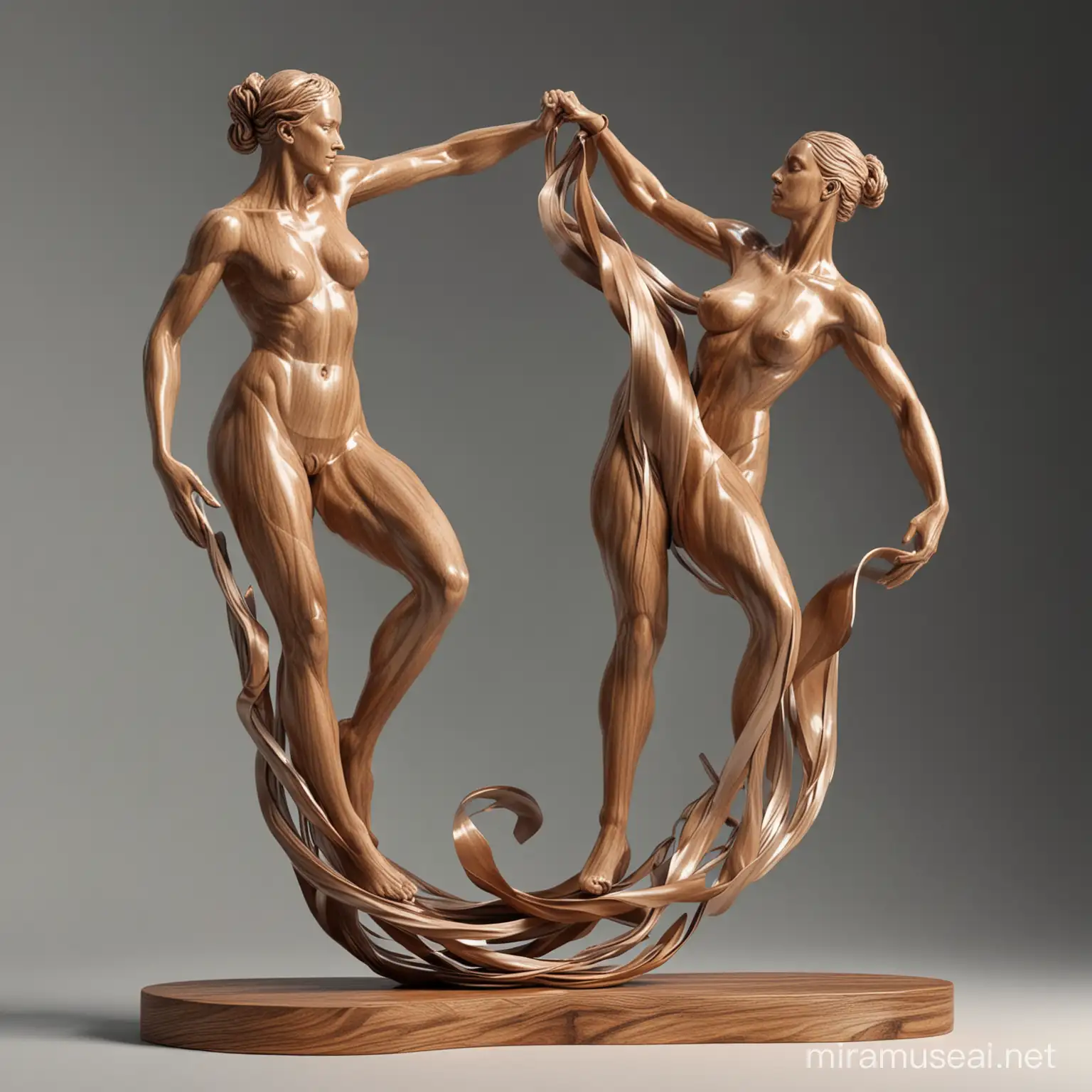 Elegant Ribbon Dance Sculpture Harmonious Blend of Metallic and Wooden Textures