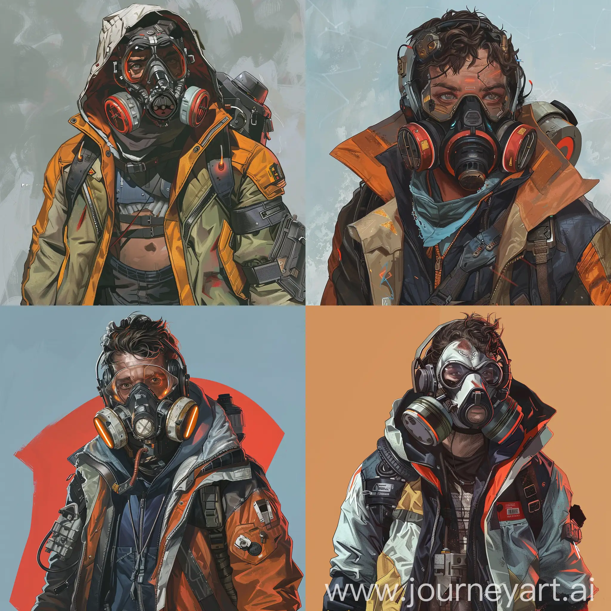 a man wearing a gas mask and jacket, apex legends character, apex legends, disco elysium style, portrait of apex legends, laurie greasley and james jean, disco elysium character, apex legends armor, disco elysium style!!!, disco elysium art, cyberpunk hero, postapocalyptic explorer, disco elysium, disco elysium video game