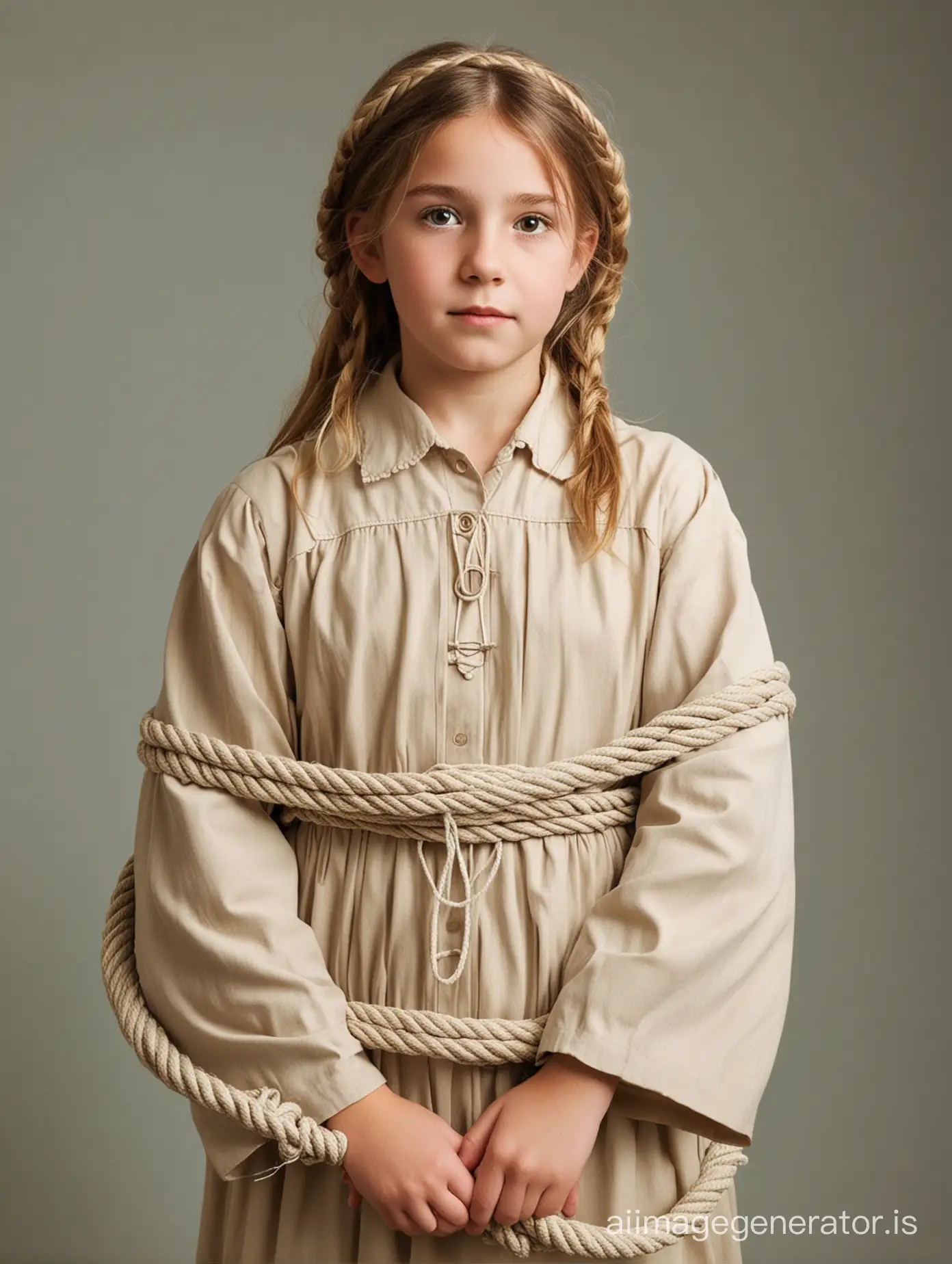 A girl in a Sunday school dress wrapped in ropes.