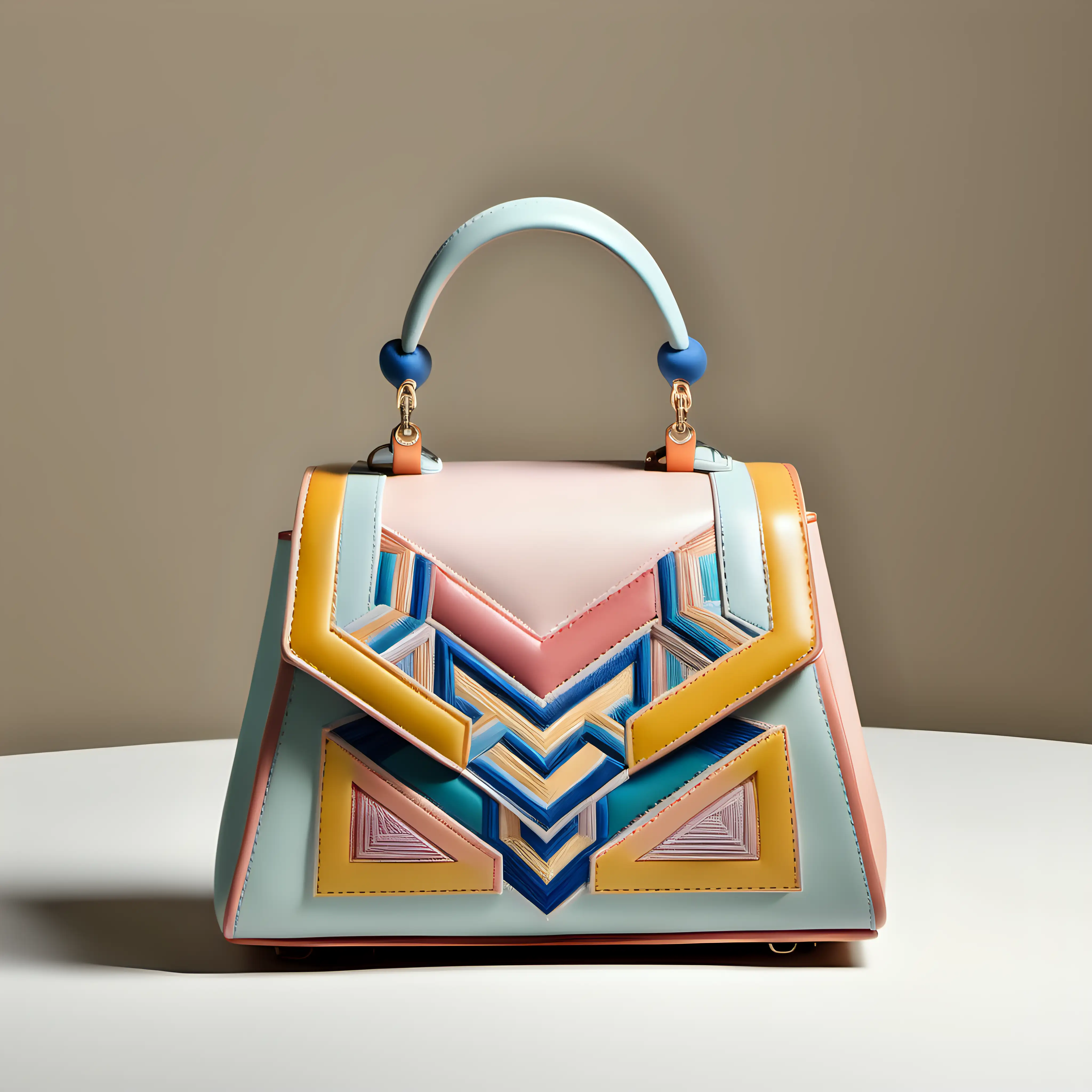 Mini luxury leather bag - frontal view - embroidered inserts color contrast with geometric design- pastel colors 