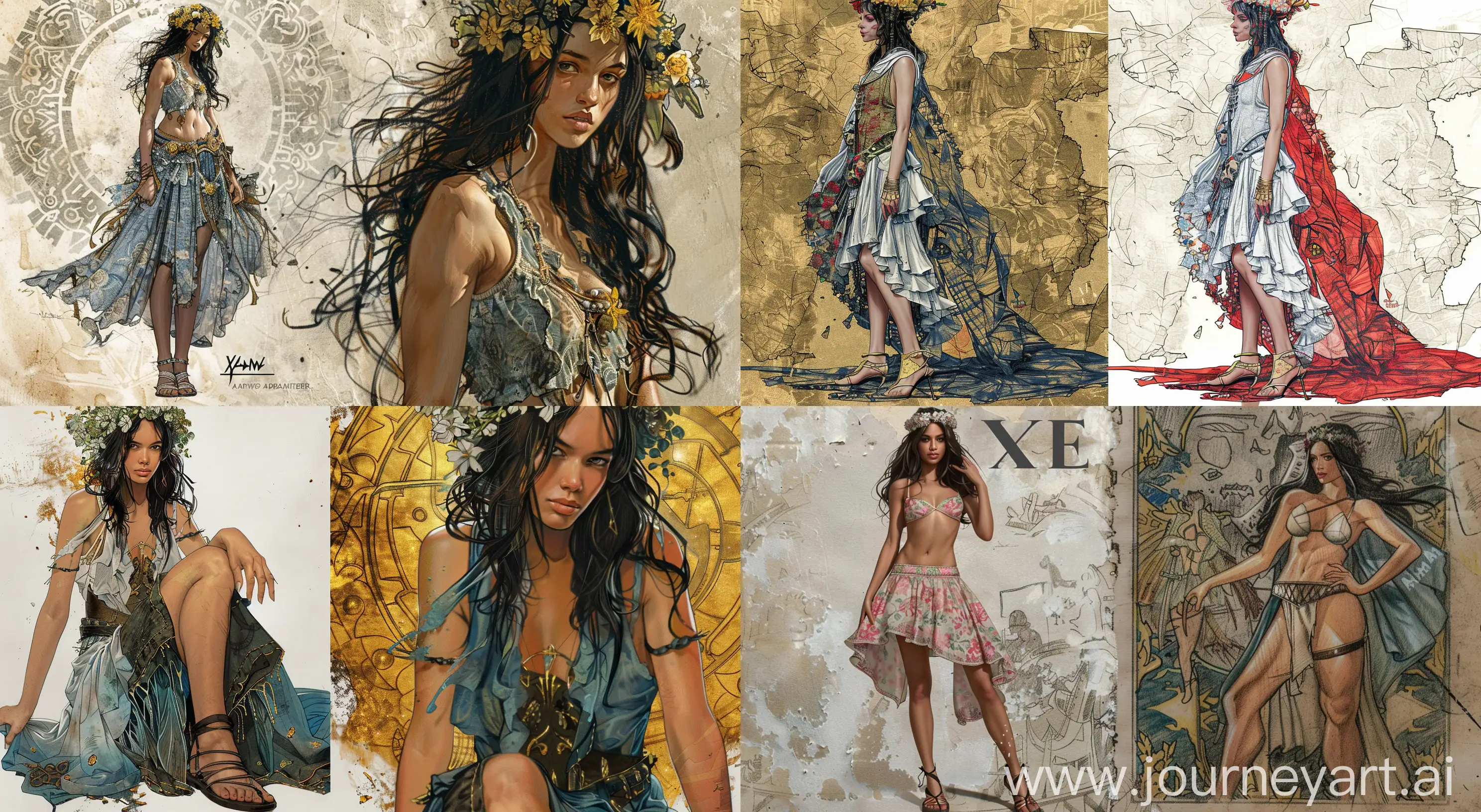 freehand colored pencil drawing flat color Fantasy rpg full body woman-wizard flower crown spring mood dress and sandals, oil painting by Keith Parkinson style style high detailing , exclusive details , prime , high quality , ultra detailing, Jim Lee and Artgerm style, features, ancient, highly detailed, complex, golden ratio composition, X-Men comic book cover, --v 6.0 --ar 29:16 --s 170