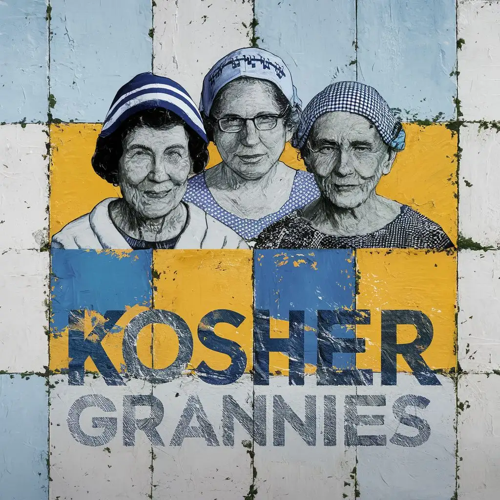 logo, Israel, yellow, blue, white, historical and modern Jewish grannies with Israeli headcovers, in Israeli wall, Jewish style of art, with the text "Kosher Grannies", typography, be used in the art industry