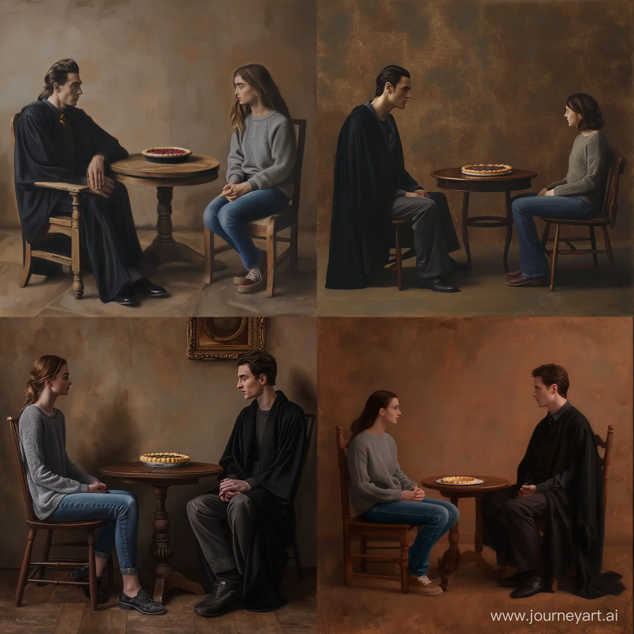 Draco Malfoy is sitting in a chair opposite Hermione Granger. He is wearing a black robe, a dark shirt and trousers. Hermione is wearing a grey sweater and blue jeans. They are sitting opposite each other, there is a pie on the table. The brown tones of the room. Photorealism style.