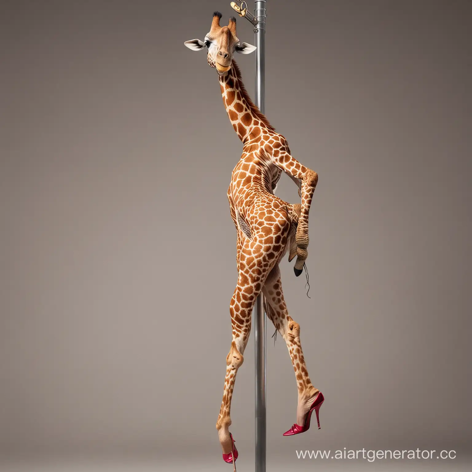 Животное жираф танцует на пилоне в белье и на высоких каблуках