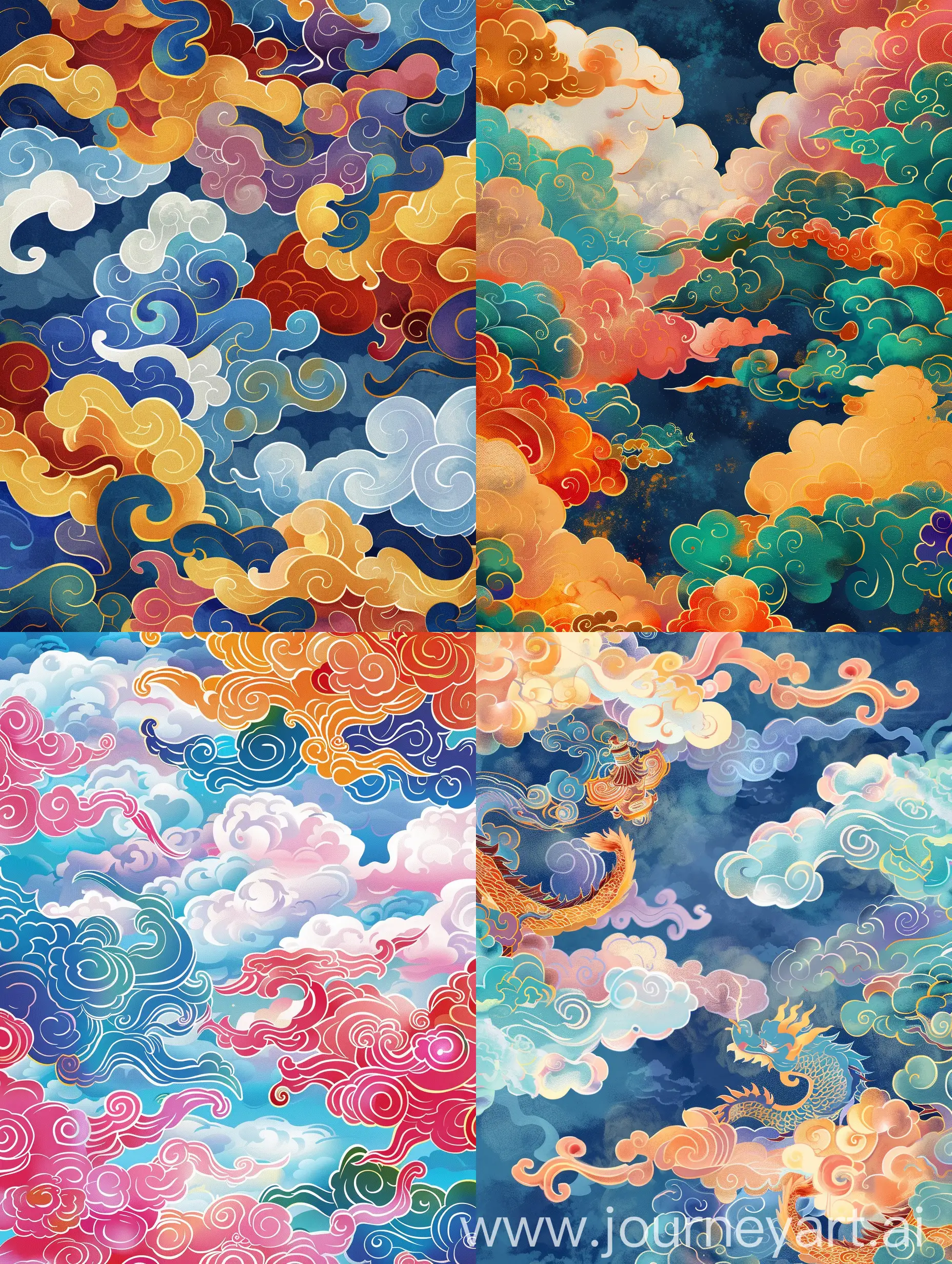 天空是由七彩祥云组成的，中国神话风格