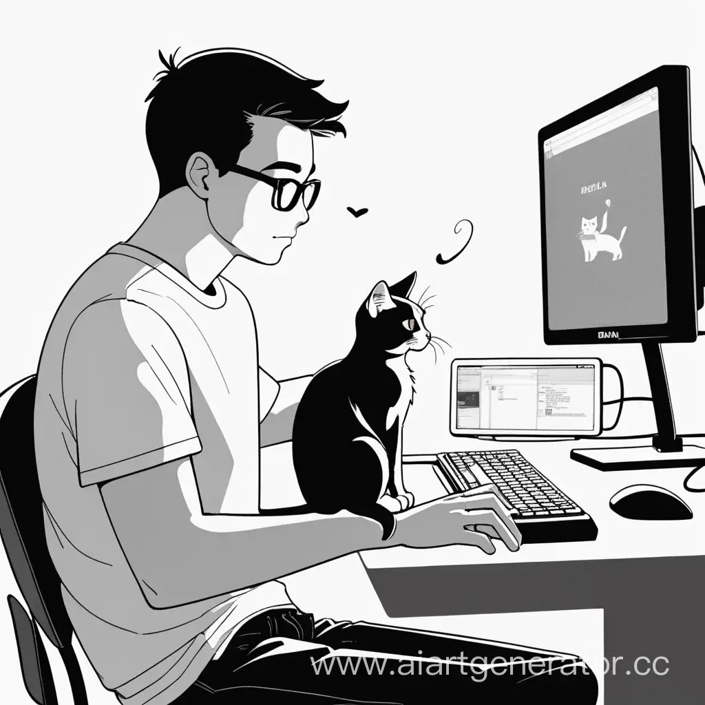 Man-with-Cat-Working-on-Computer-in-Monochrome
