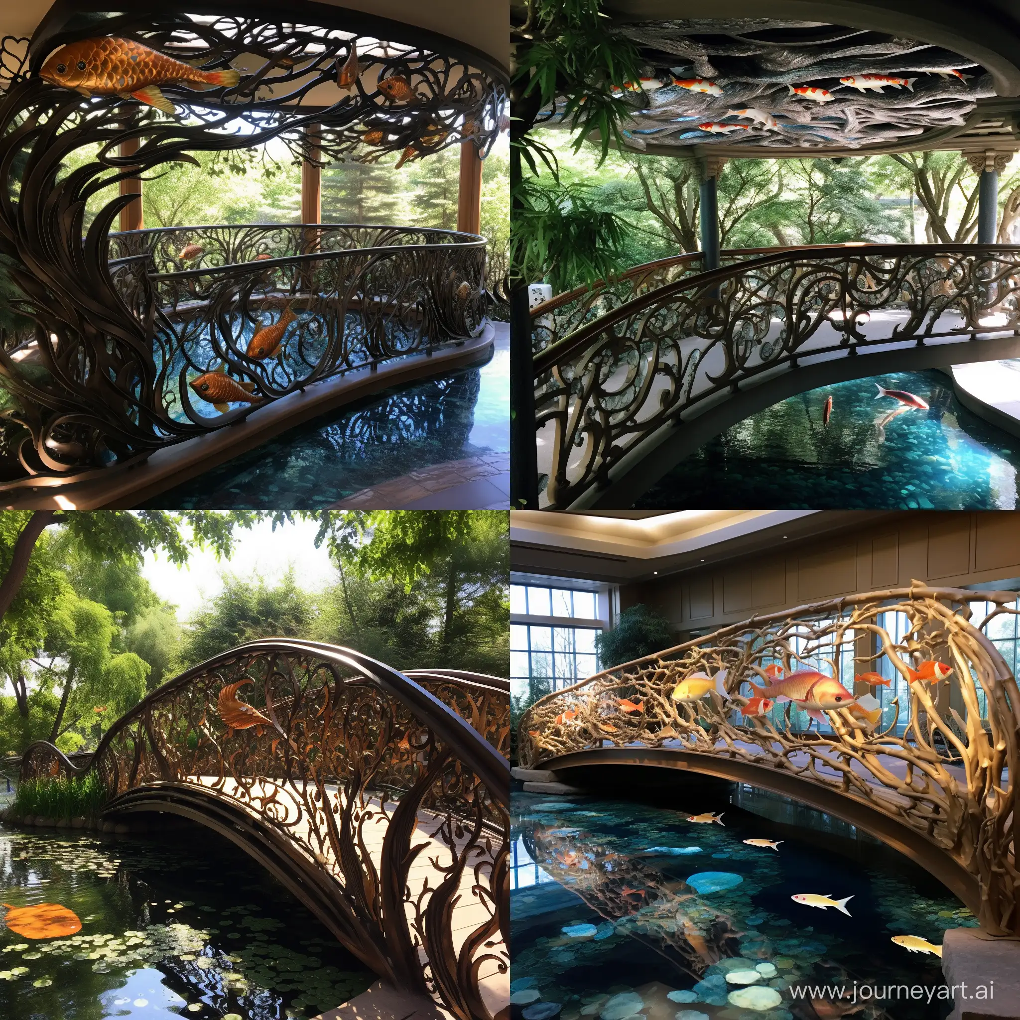 Tranquil-Bridge-with-Tree-Branch-Railings-and-Koi-Fish-in-Reflective-Pool