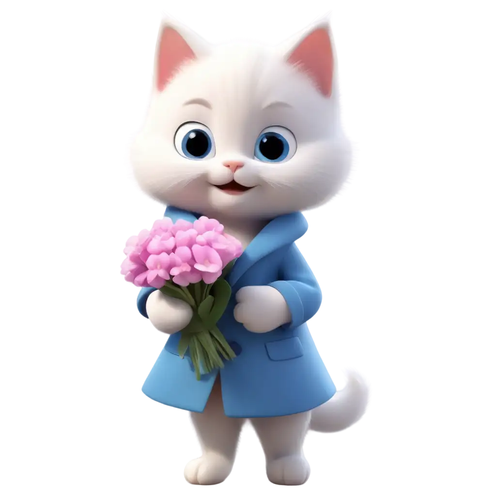 mimic style, small fluffy white kitten in a blue coat, 3D,4k,5D minimalism. Baby, big blue eyes cute, microscopic, hyper-fluffy. the background is pale purple . The kitten is wearing a blue coat and the baby is holding a bouquet of flowers.