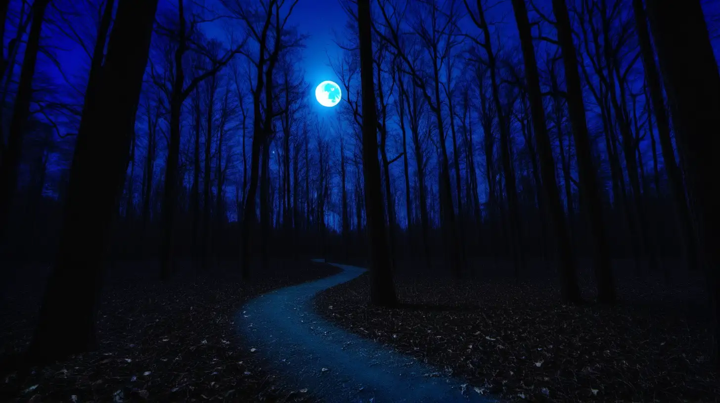 biking trail in a forest in the middle of the night lit by a blue moon