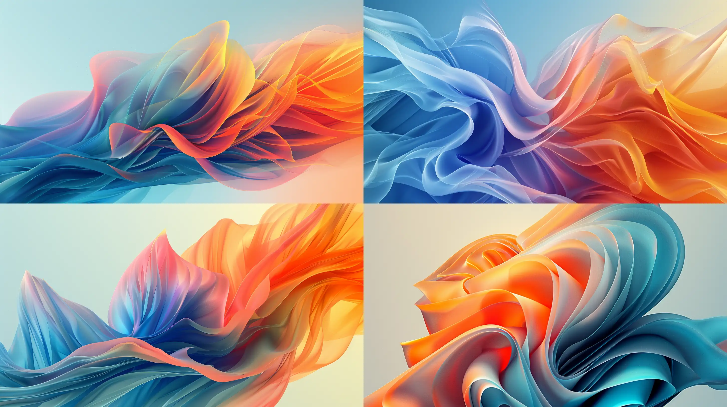Create an abstract, high-resolution image in wide format that captures the essence of flowing geometric shapes with a vibrant gradient from cool blues to warm oranges, akin to the reference provided. The image should feature a dynamic, fluid composition that resembles a blossoming flower, with layers that suggest depth and movement. Incorporate a designated area in the lower right corner for text, specifically for a watermark or logo. The design should be modern, clean, and versatile for various applications in a digital content library --ar 16:9