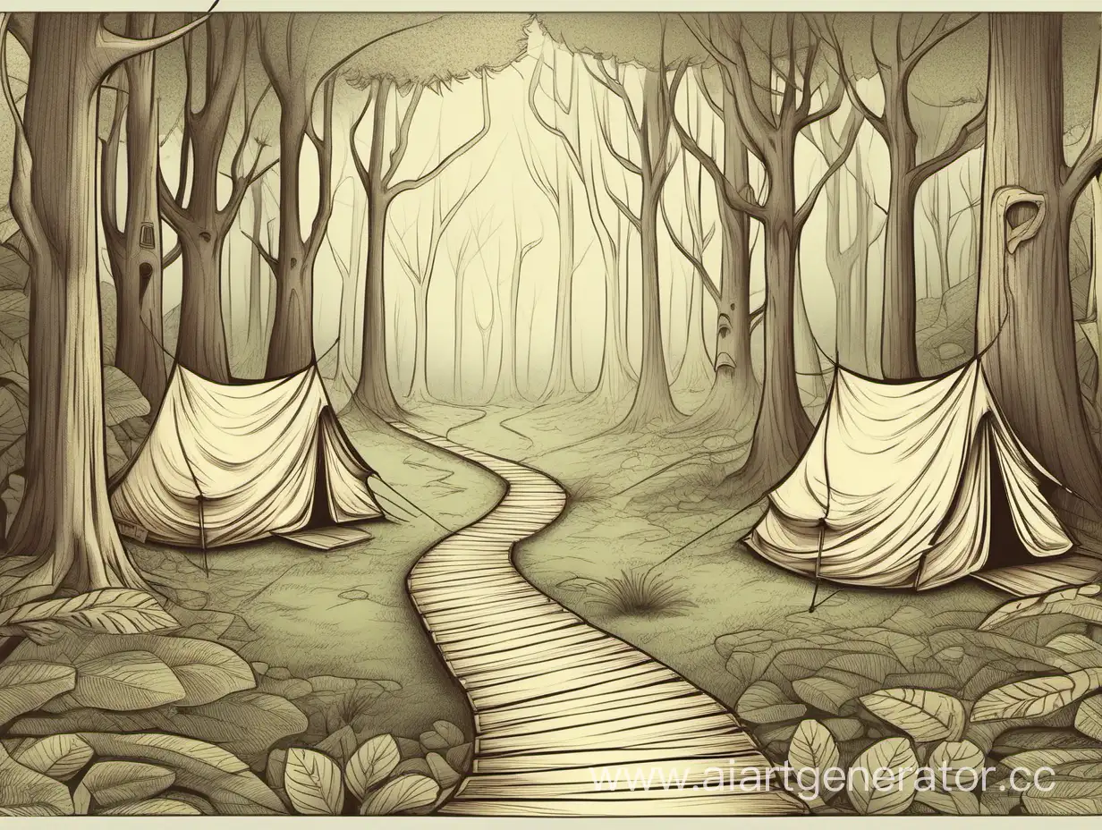 фон сказочный нарисованный лес с тропинкой и туристической палаткой с плашкой для текста