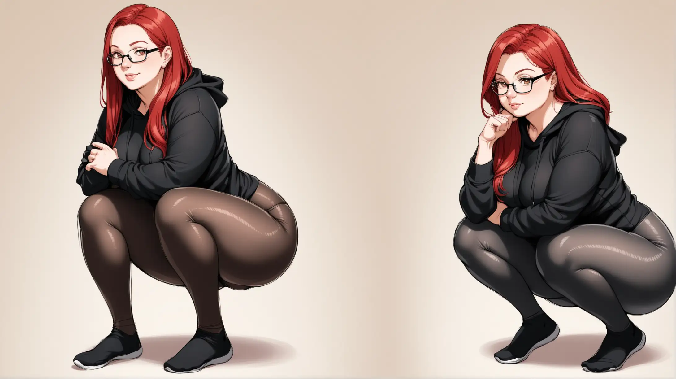 Curvy, Mature, Red Haired Woman, Glasses, wearing a full Black Leotard, Gray Pantyhose, squats with her 21 year old daughter, who wears tight black leggings and a hooded sweatshirt