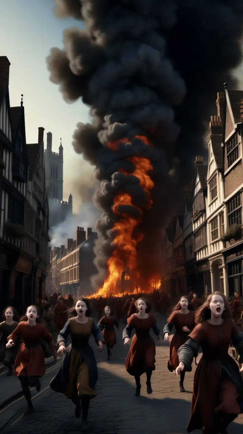 create a realistic image of  medieval london during the great fire from 1666. the image must show the streets and buildings on fire with scary women and children running from fire. the people are facing the camera. 4k ultra realistic. 