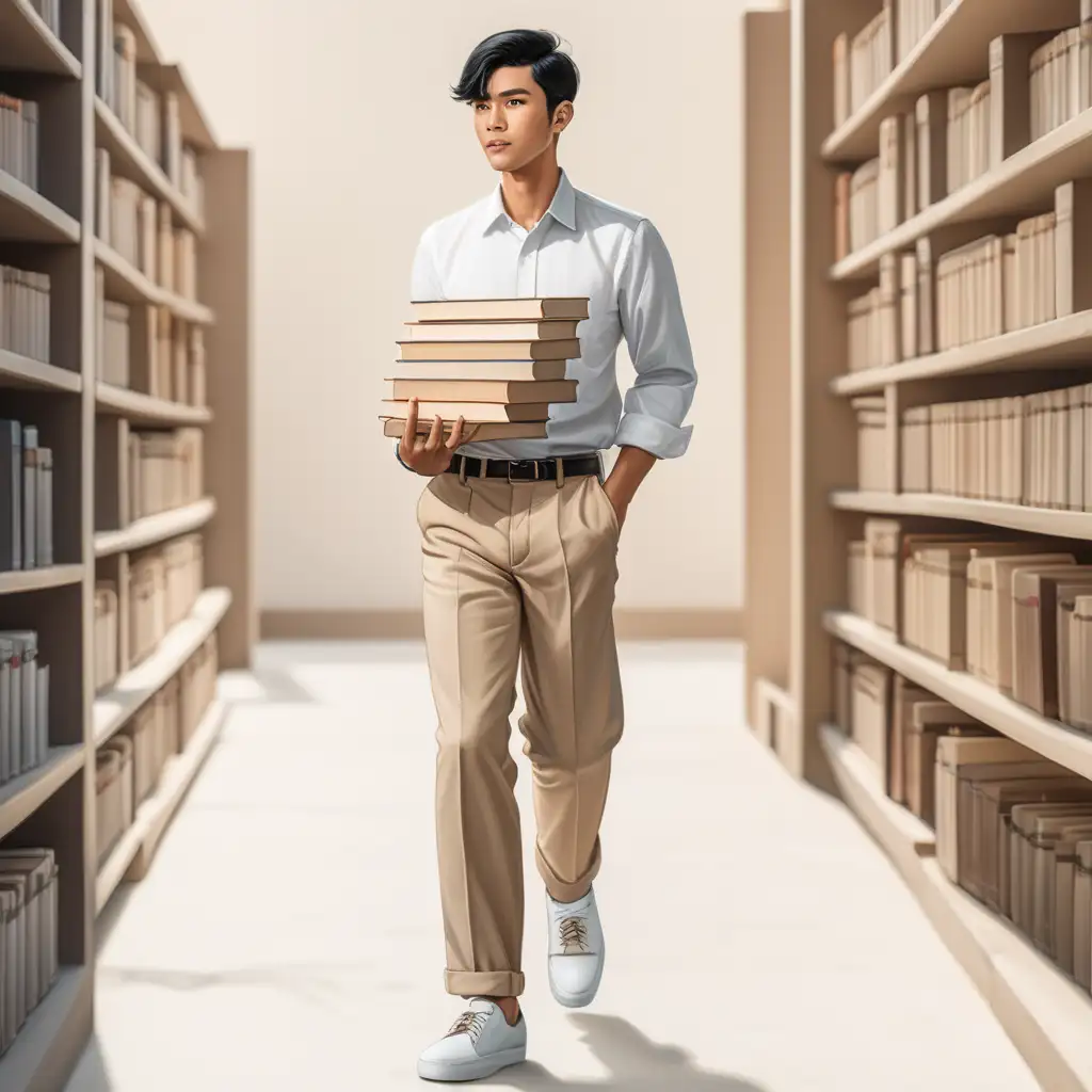 super cute thai men black hair holding stack of many books in his hands wearing, beige relax fit classic trouser, long sleeve white shirt, beige shoes, half body, modern fashion office background , walking to the right side, right look