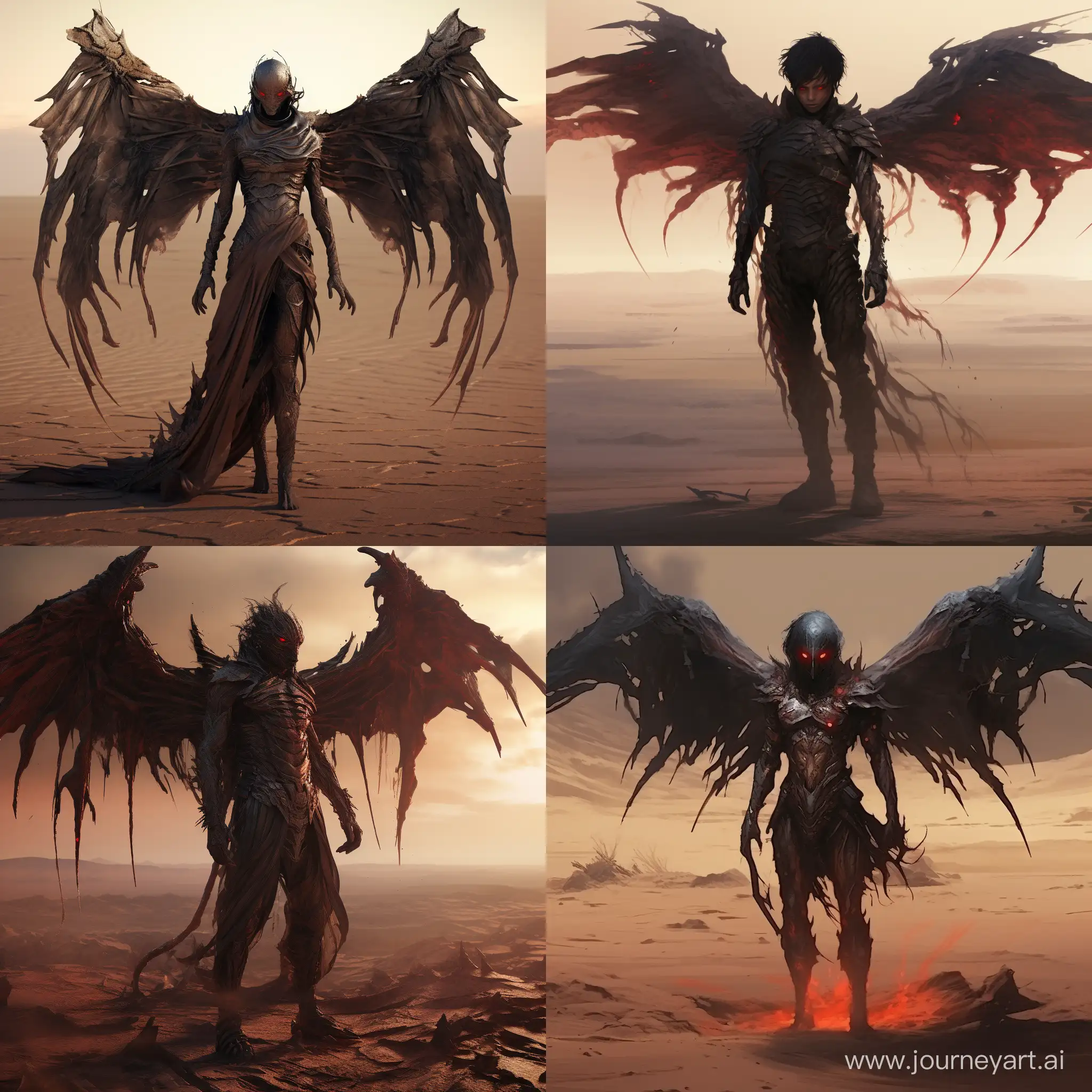 The demon stands on the dirty ground.  Short black hair.  Red eyes.  Dark matte leather.  Thick opaque cloak without crystals.  Rough, heavy and opaque clothing.  Lack of crystal elements on clothing.  There are no decorations on the legs and arms.  The wings are similar to the wings of bats.  Little light.  Dark.  Turbidity.  Desert.  An atmosphere of indifference.