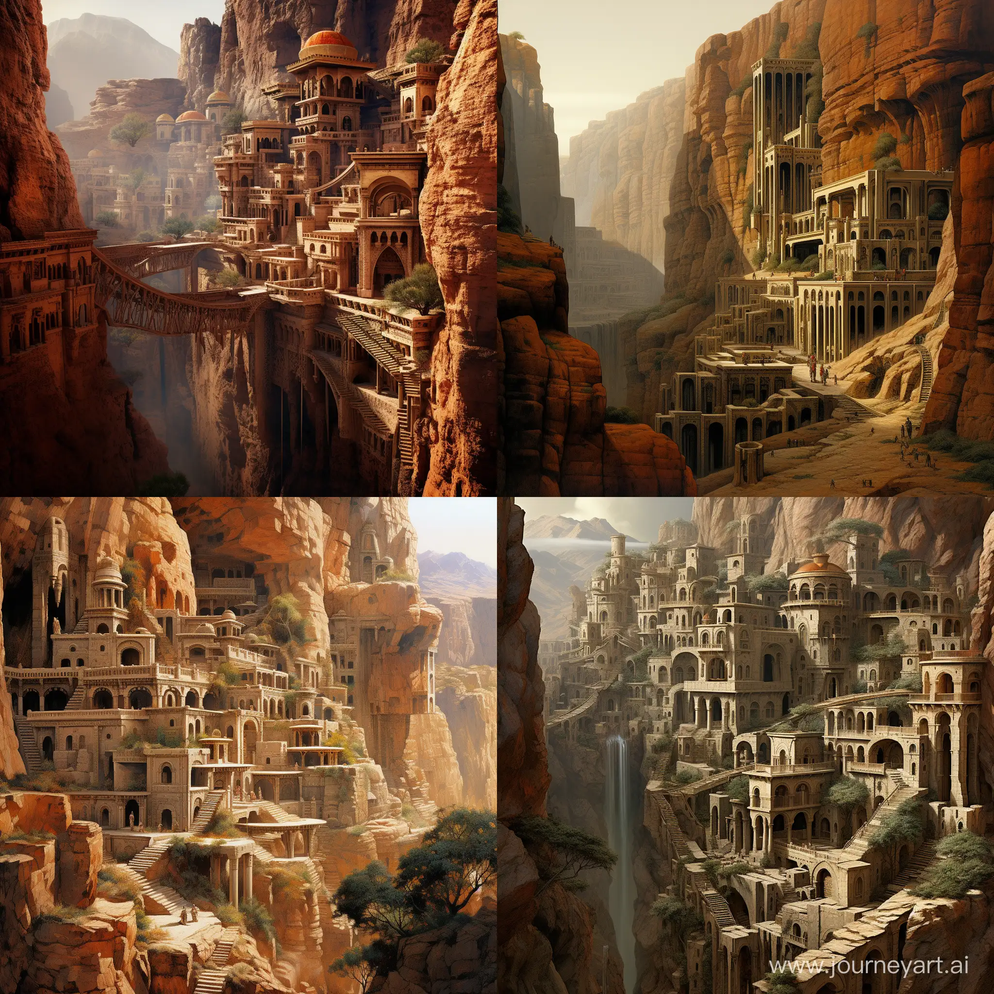 沙漠里出现一个悬崖，悬崖峭壁上是精美的城市建筑雕刻