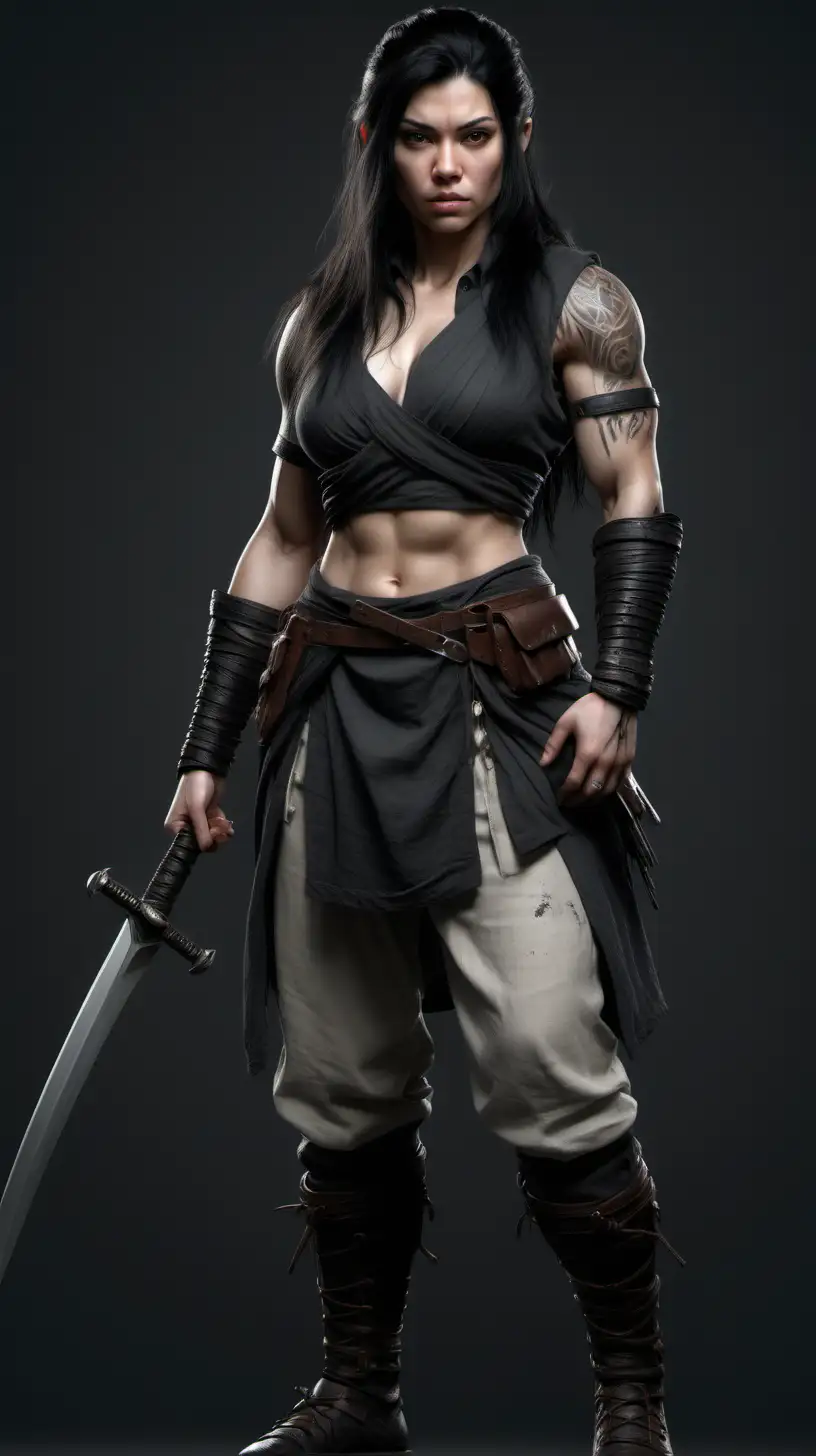 Stunning Realistic Portrait of a Muscular Latina Young Woman with Medium Messy Black Hair in Ronin Attire