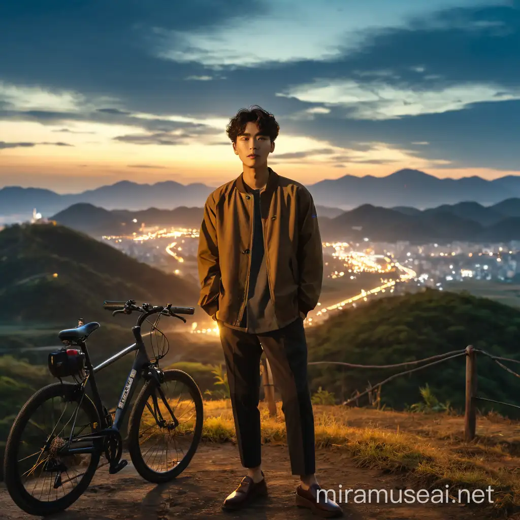 17:19 full body, wide shot, a Korean man with short curly hair with a bicycle parked on a hill at sunset, at sunset, twilight setting,night background with rural lights visible from a height, dreamy standing pose, taken at golden hour, advertising photography, best angle, looking at the camera