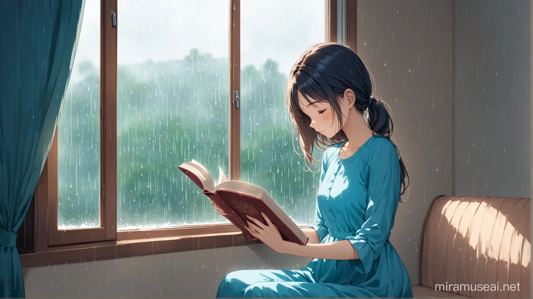 A girl sitting by the window is reading a book, wearing a blue dress, and it is raining outside