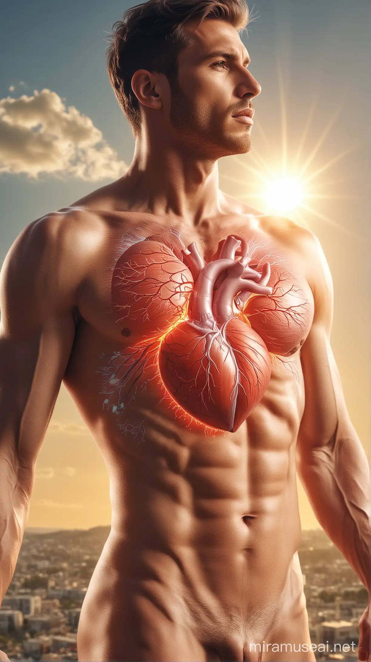 Heart Health diagram man body, natural background, sun light effect, 4k, HDR, morning time weather