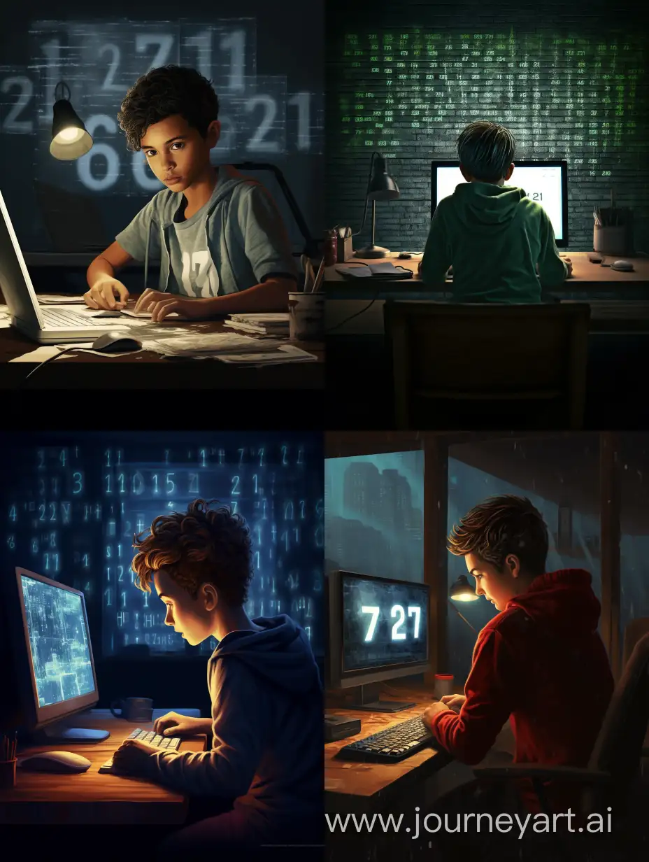 boy, who is at the computer, he has a shirt with the writing "27" on the computer screen a series of alphanumeric codes, the background is dark but with a light bulb on the desk