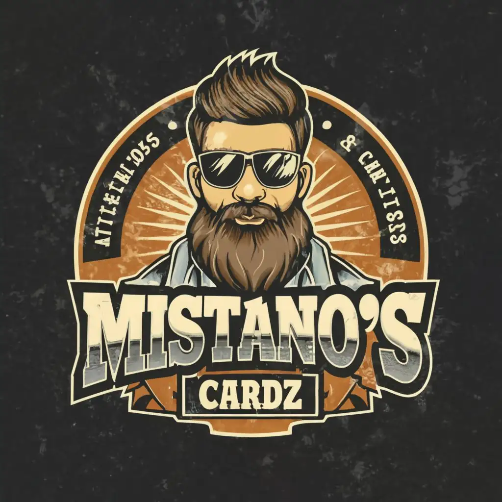 logo, bearded man, with the text "Mistano's Cardz", typography, be used in sunglasses