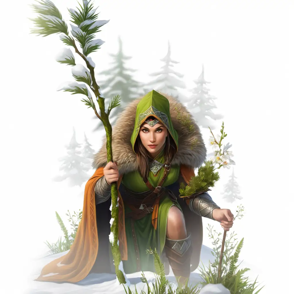 Female Druid in Snowy Forest Collecting Flowers and Hiding Under Mossy Grass with Staff